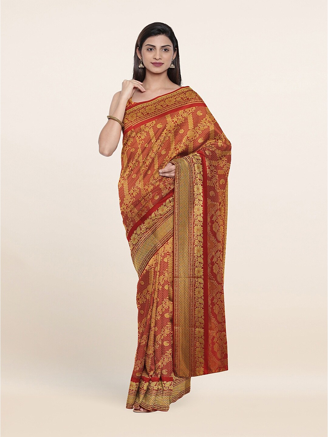 

Pothys Maroon & Gold-Toned Ethnic Motifs Zari Art Silk Saree