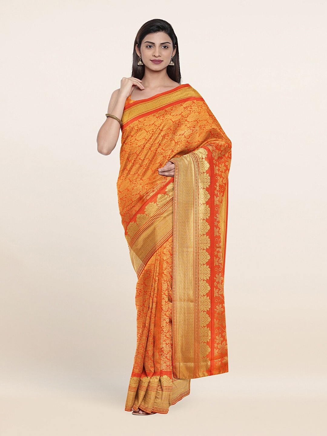 

Pothys Orange & Golden Floral Zari Art Silk Saree