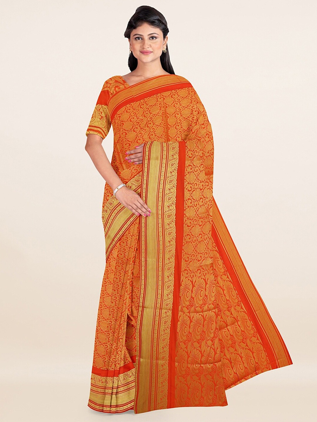 

Pothys Orange & Gold-Toned Floral Art Silk Saree