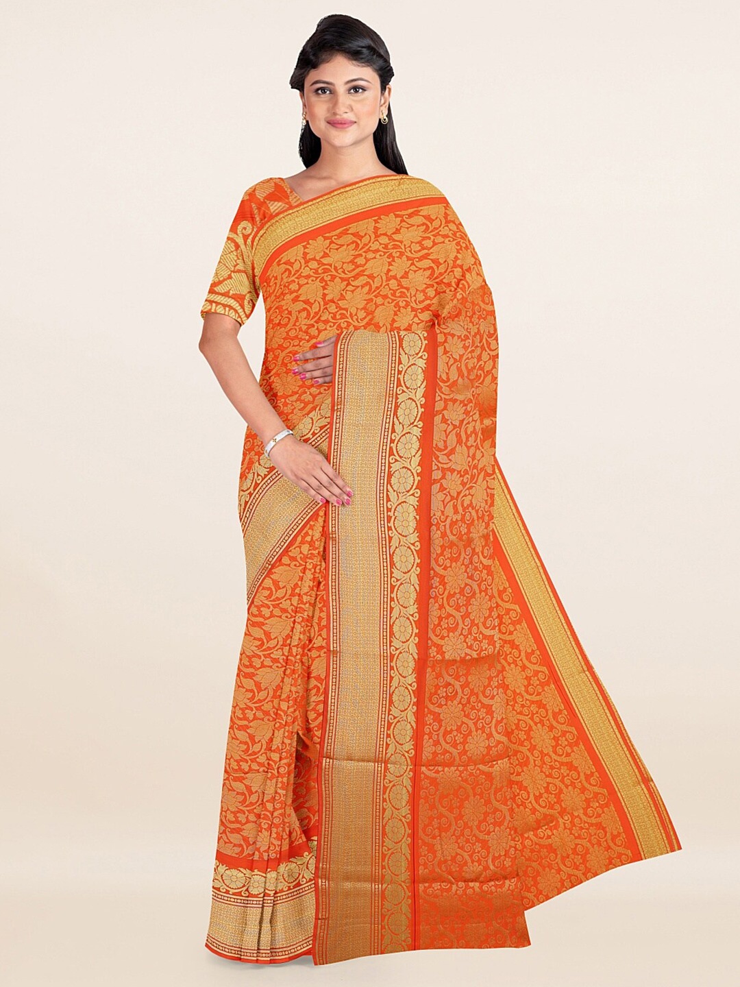 

Pothys Orange & Gold-Toned Woven Design Zari Art Silk Saree