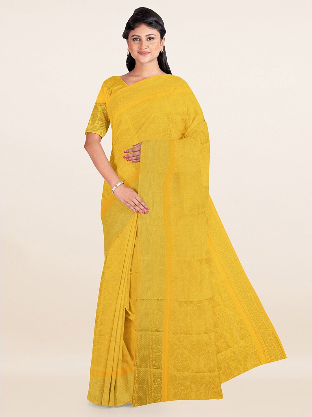 

Pothys Yellow & Golden Floral Zari Art Silk Saree