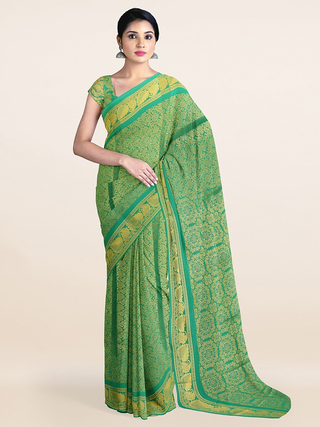 

Pothys Green & Gold-Toned Floral Woven Design Saree