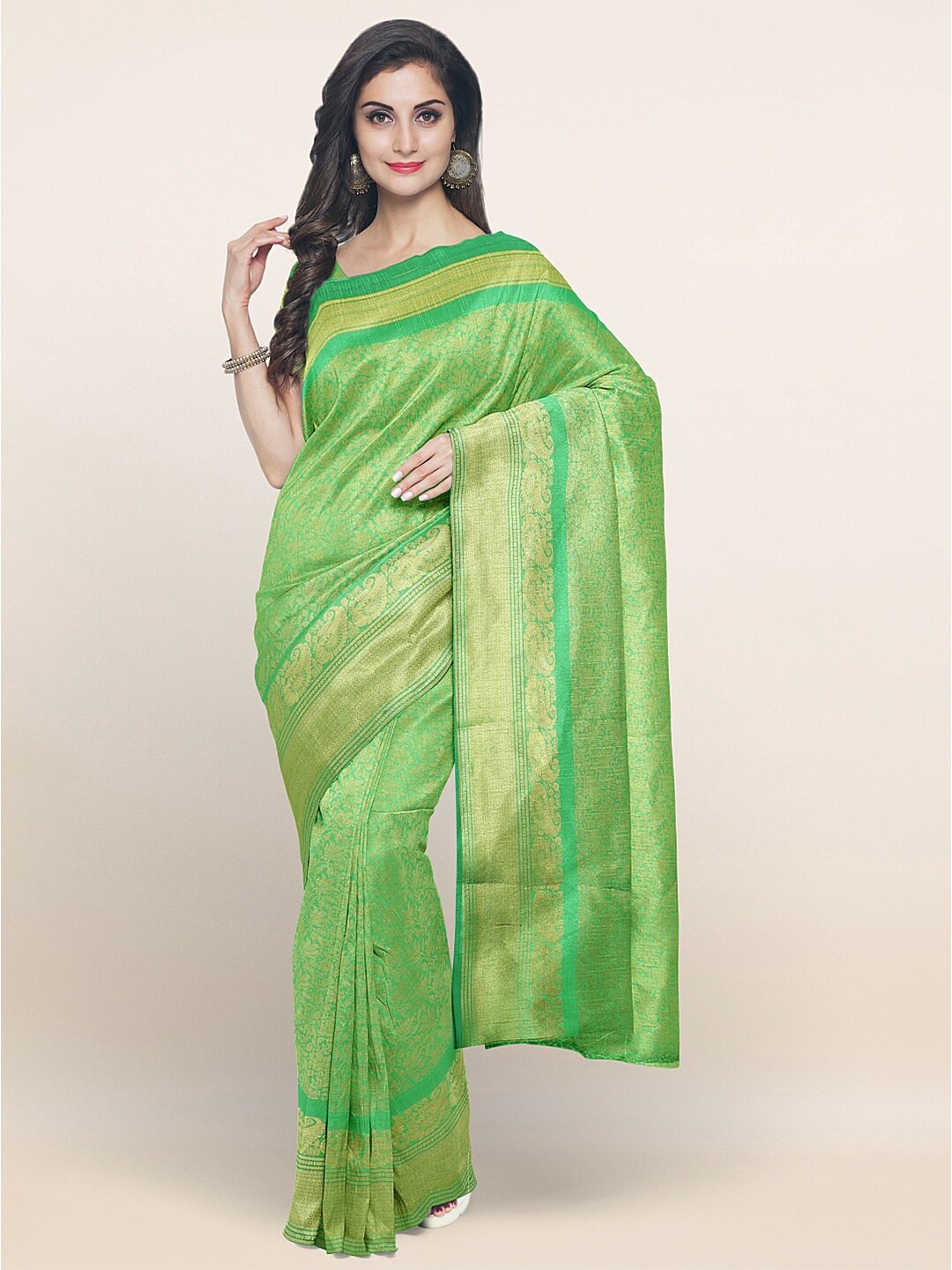 

Pothys Green & Gold-Toned Floral Zari Art Silk Saree
