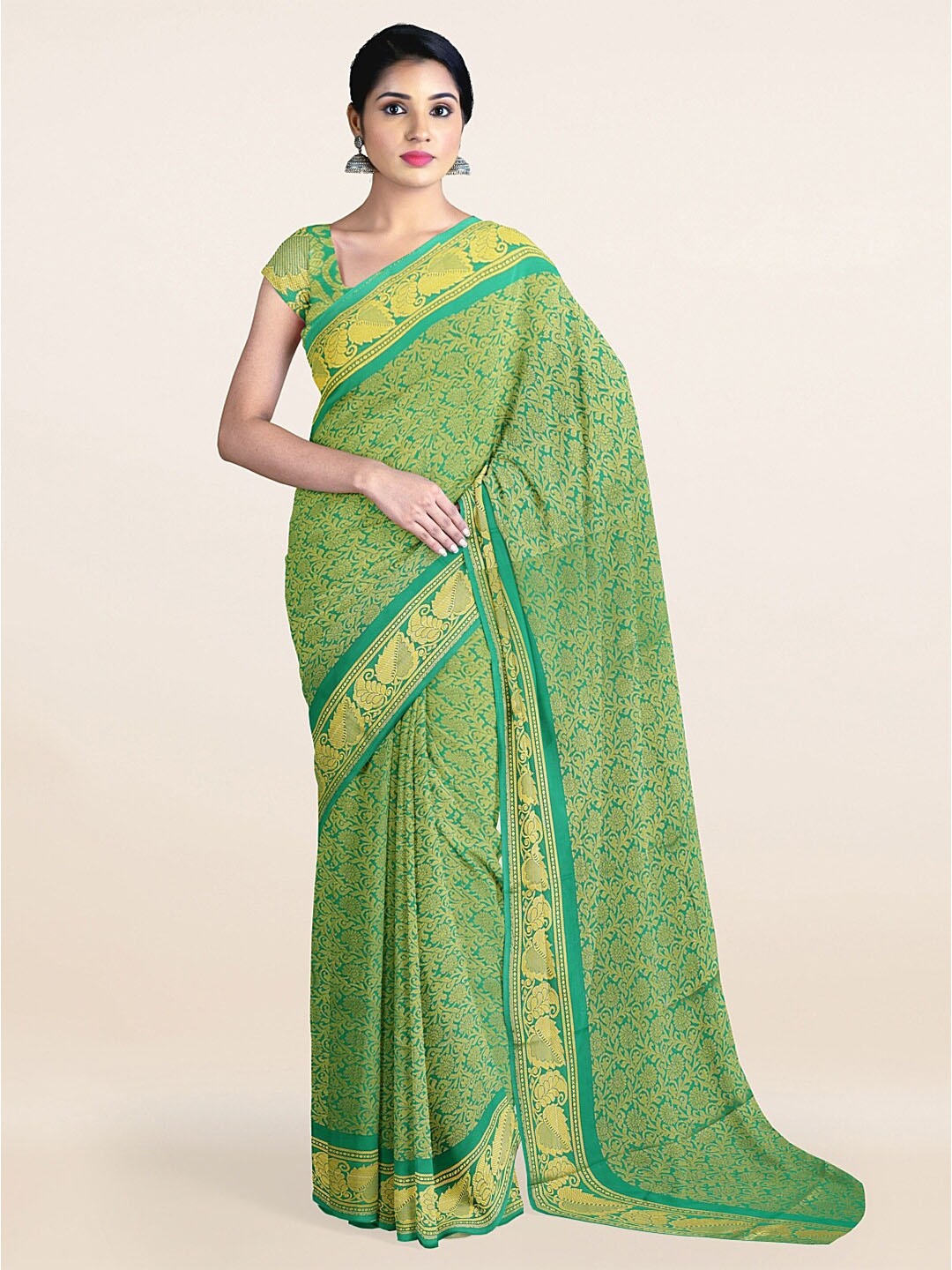 

Pothys Green & Gold-Toned Floral Art Silk Saree