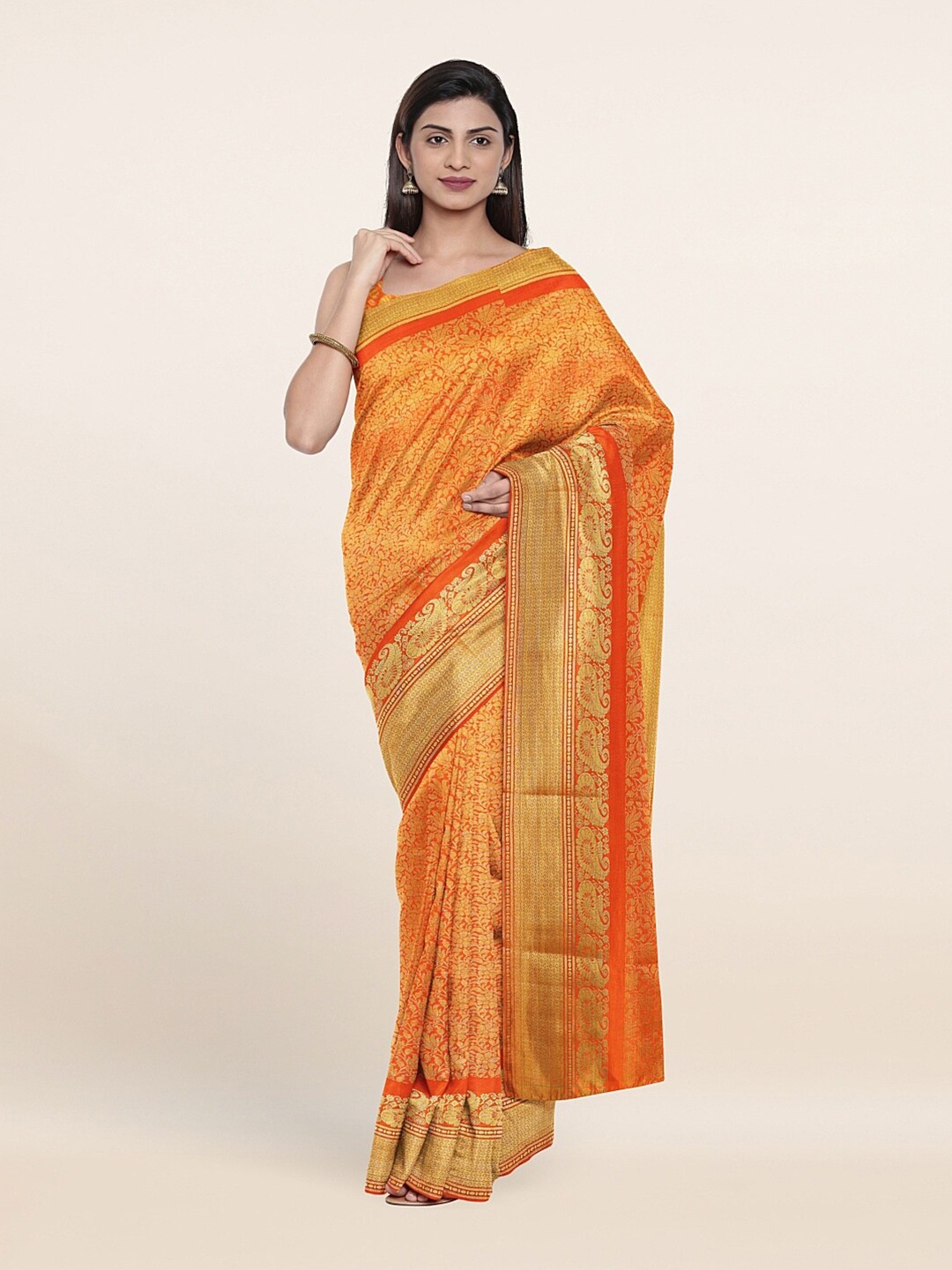 

Pothys Orange & Golden Floral Zari Art Silk Saree