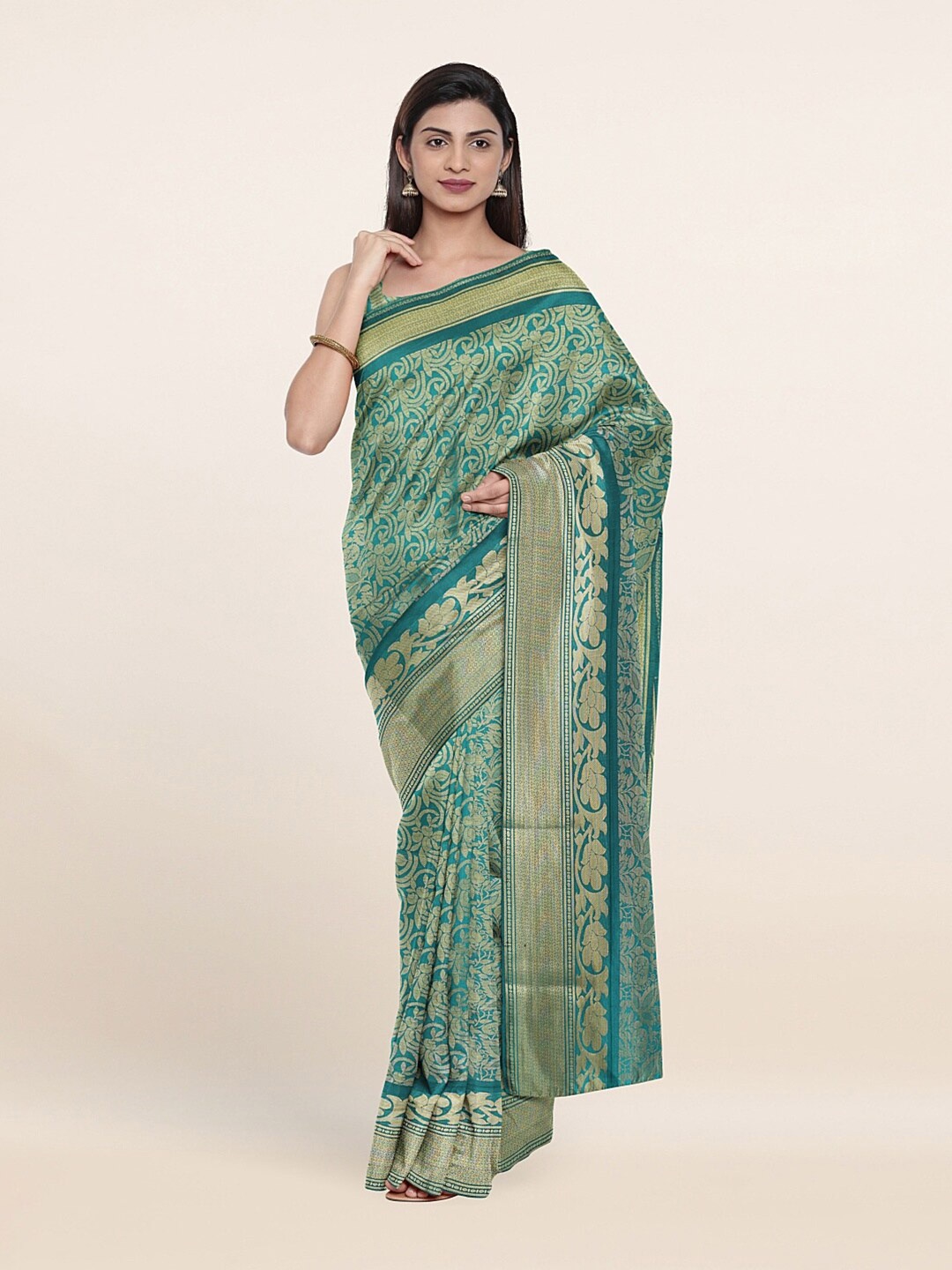 

Pothys Green & Gold-Toned Floral Zari Art Silk Saree