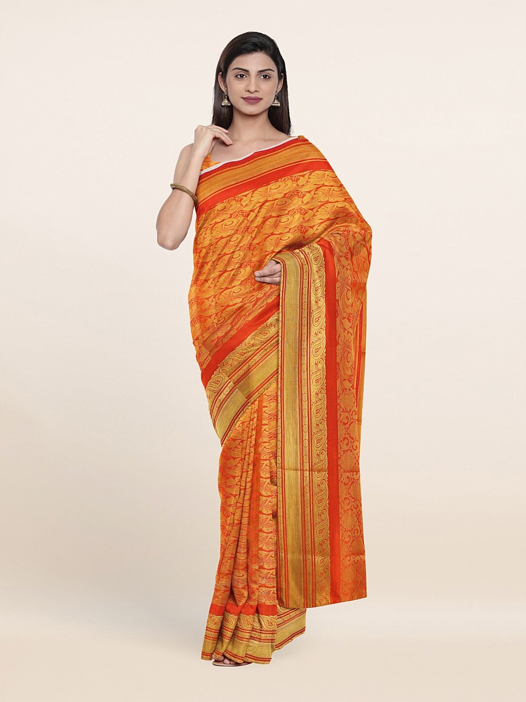 

Pothys Orange & Gold-Toned Ethnic Motifs Zari Art Silk Saree