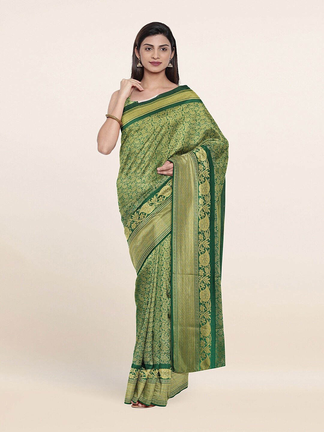 

Pothys Green & Gold-Toned Floral Art Silk Saree