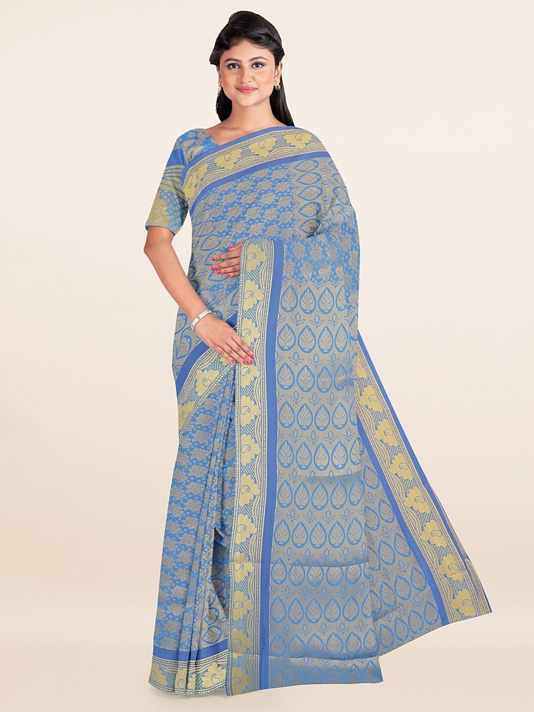 

Pothys Blue & Golden Floral Zari Art Silk Saree