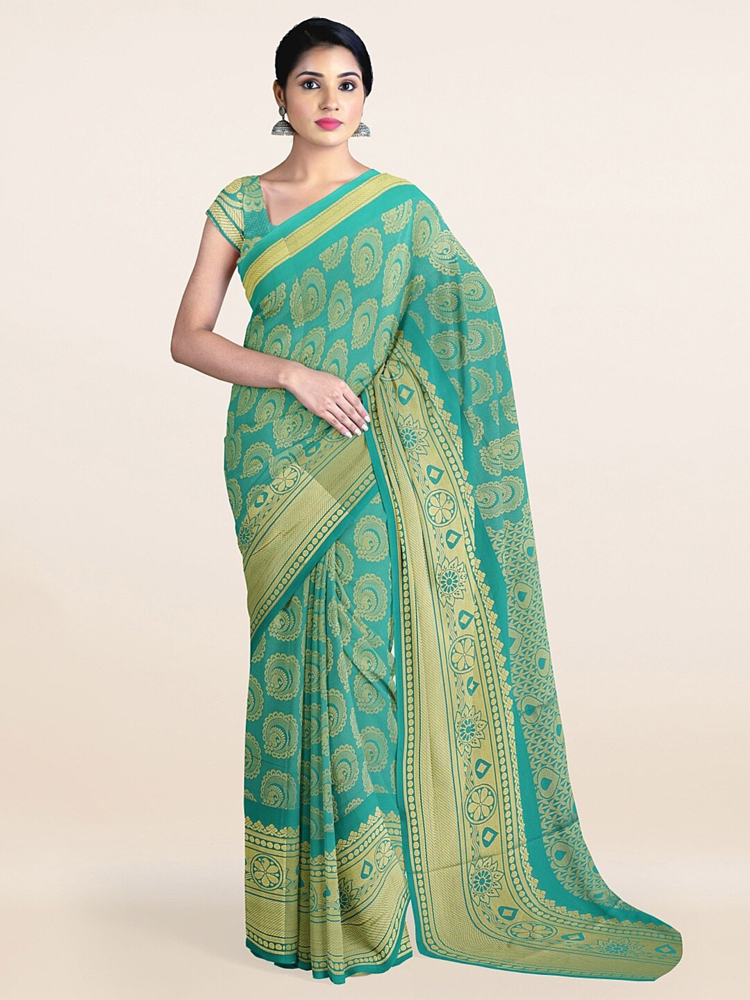 

Pothys Green & Gold-Toned Woven Design Zari Art Silk Saree