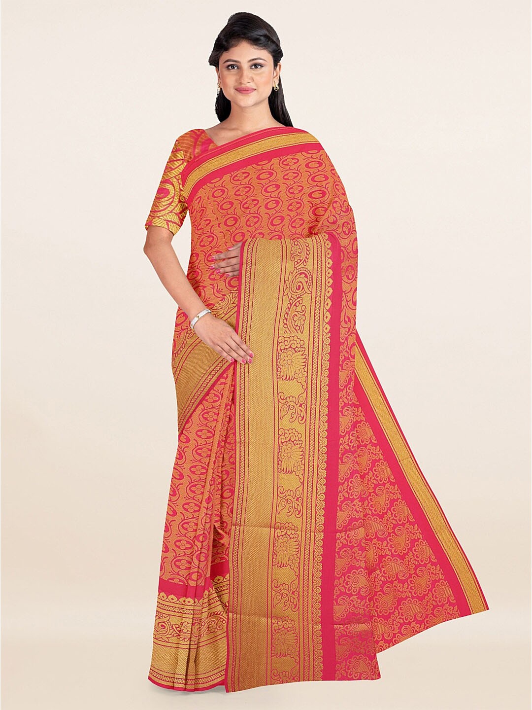 

Pothys Pink & Gold-Toned Woven Design Zari Art Silk Saree