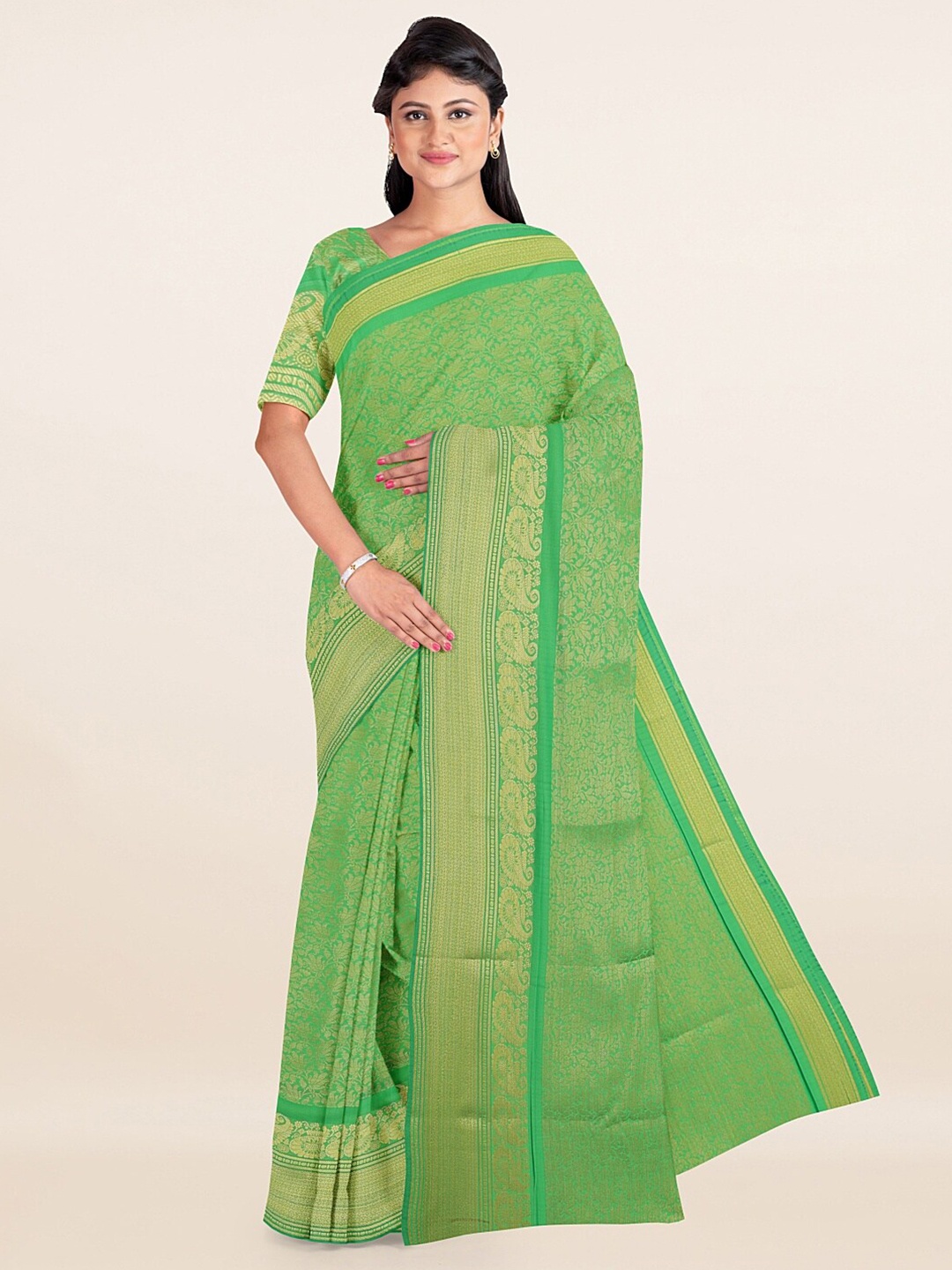 

Pothys Green & Gold-Toned Floral Art Silk Saree