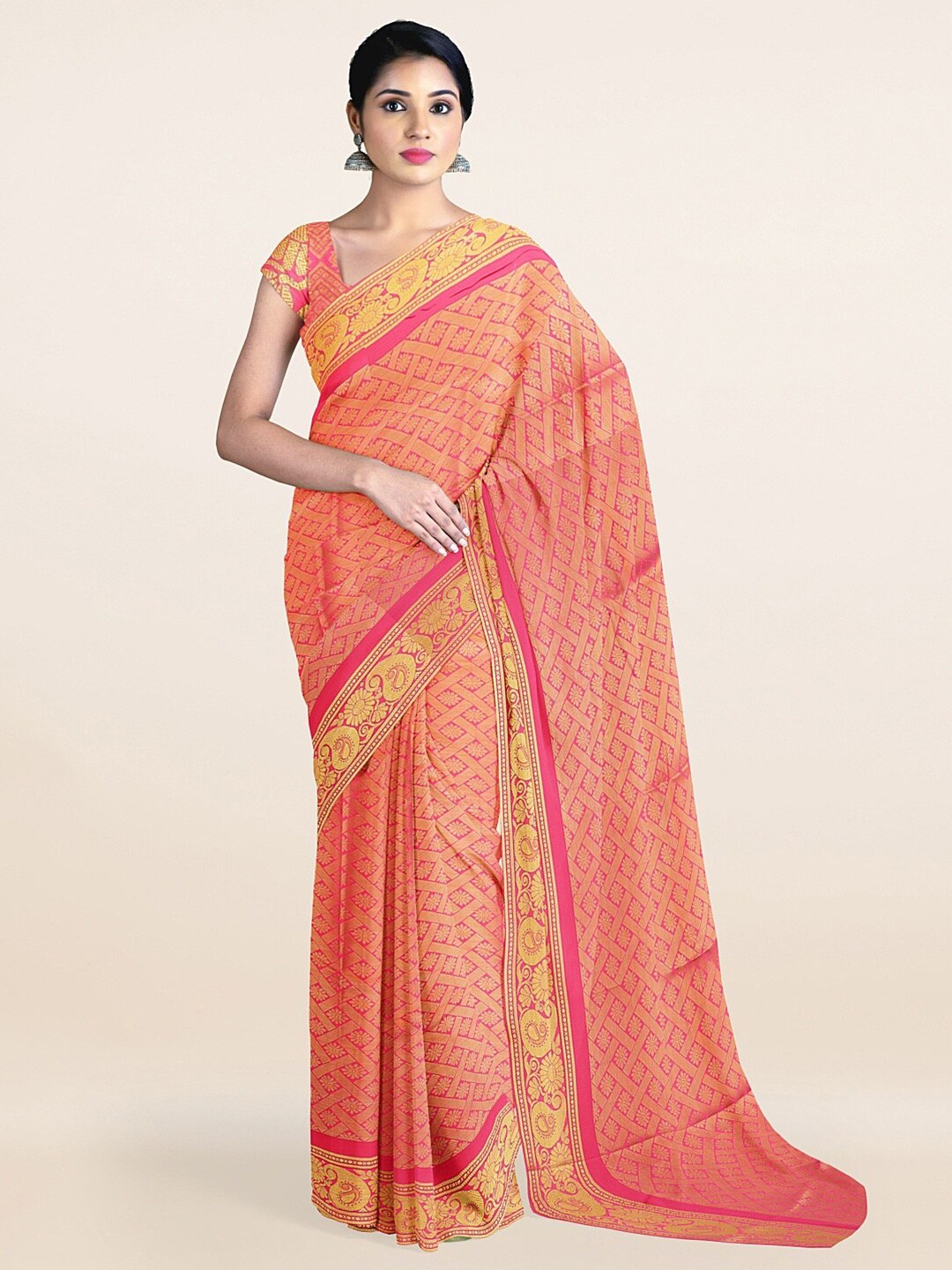 

Pothys Pink & Gold-Toned Floral Zari Art Silk Saree