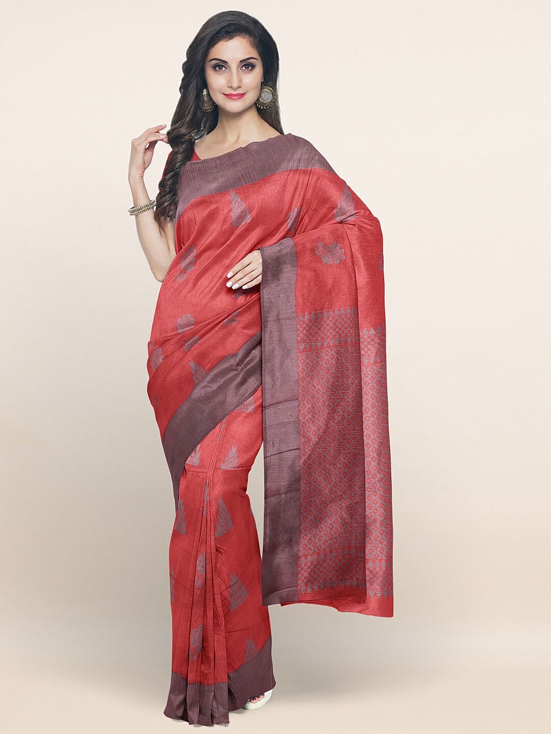 

Pothys Pink & Grey Ethnic Motifs Silk Blend Saree