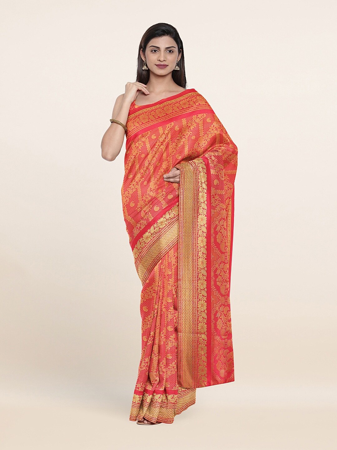 

Pothys Pink & Gold-Toned Floral Woven Design Saree