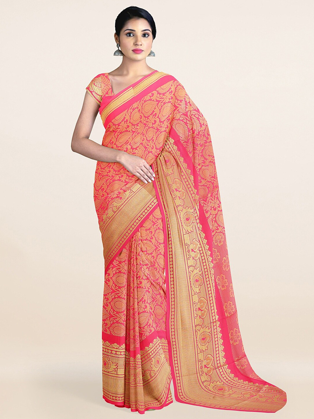 

Pothys Pink & Gold-Toned Woven Design Zari Art Silk Saree