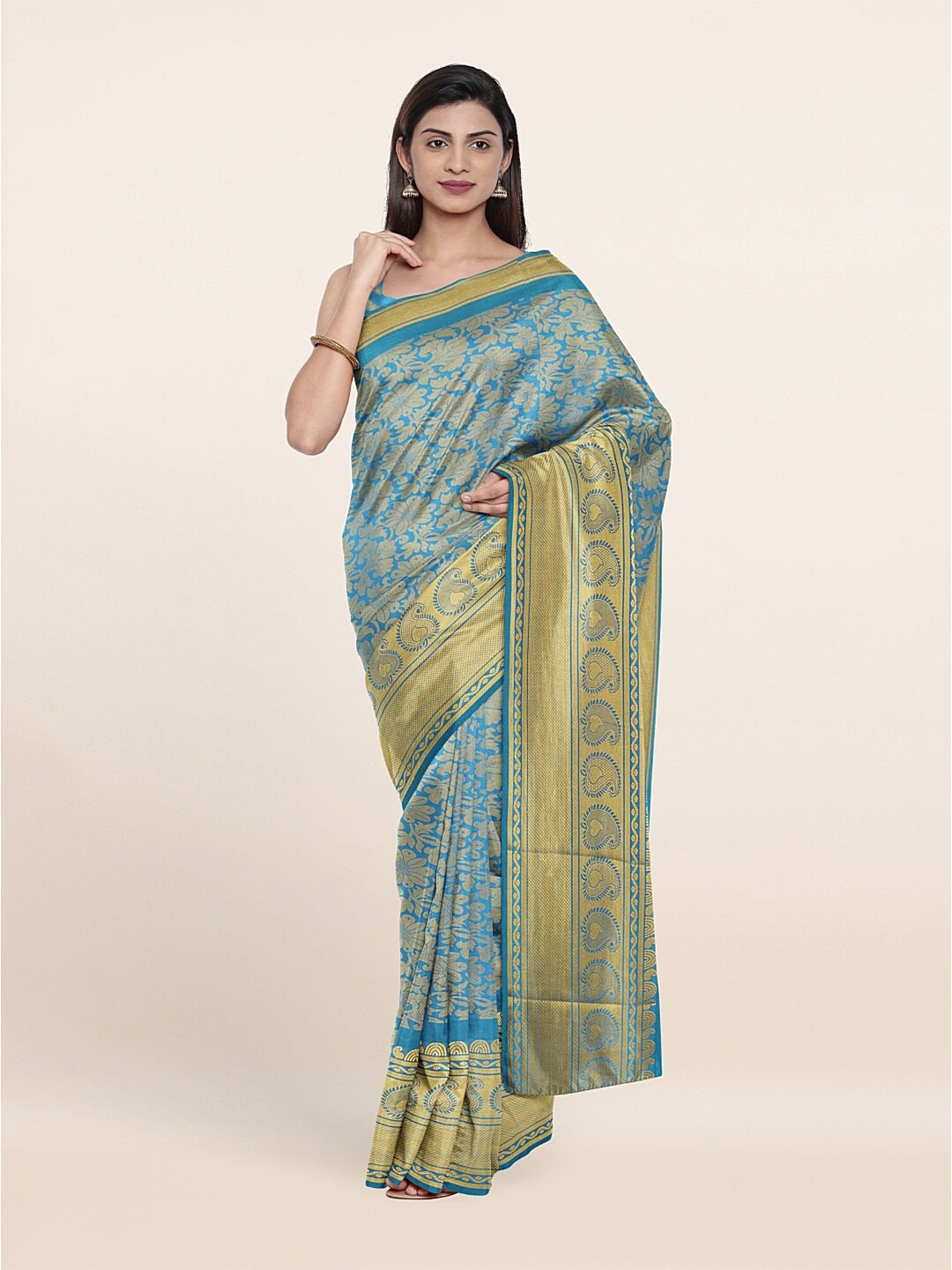 

Pothys Blue & Gold-Toned Floral Zari Art Silk Saree