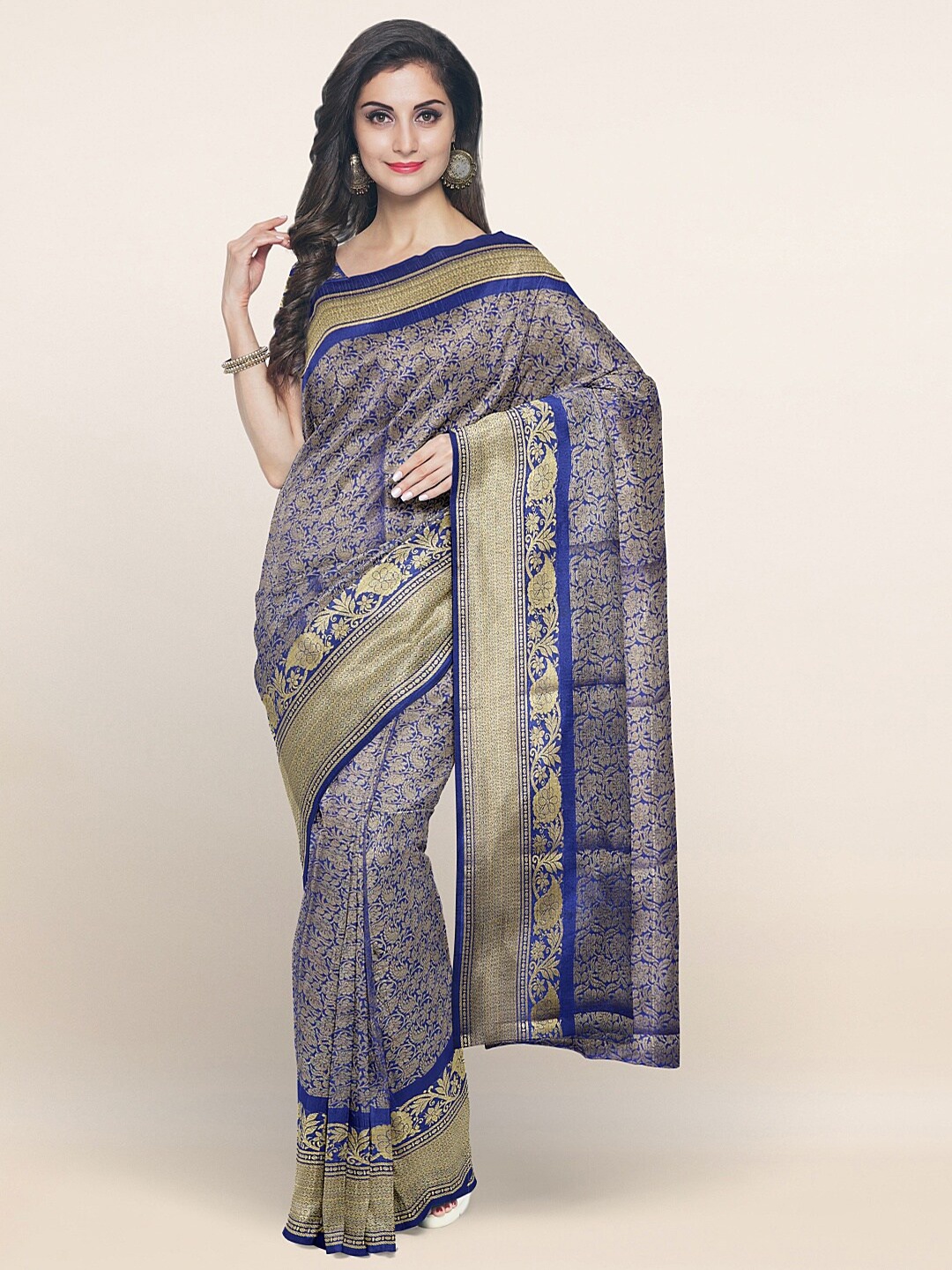 

Pothys Blue & Gold-Toned Floral Art Silk Saree