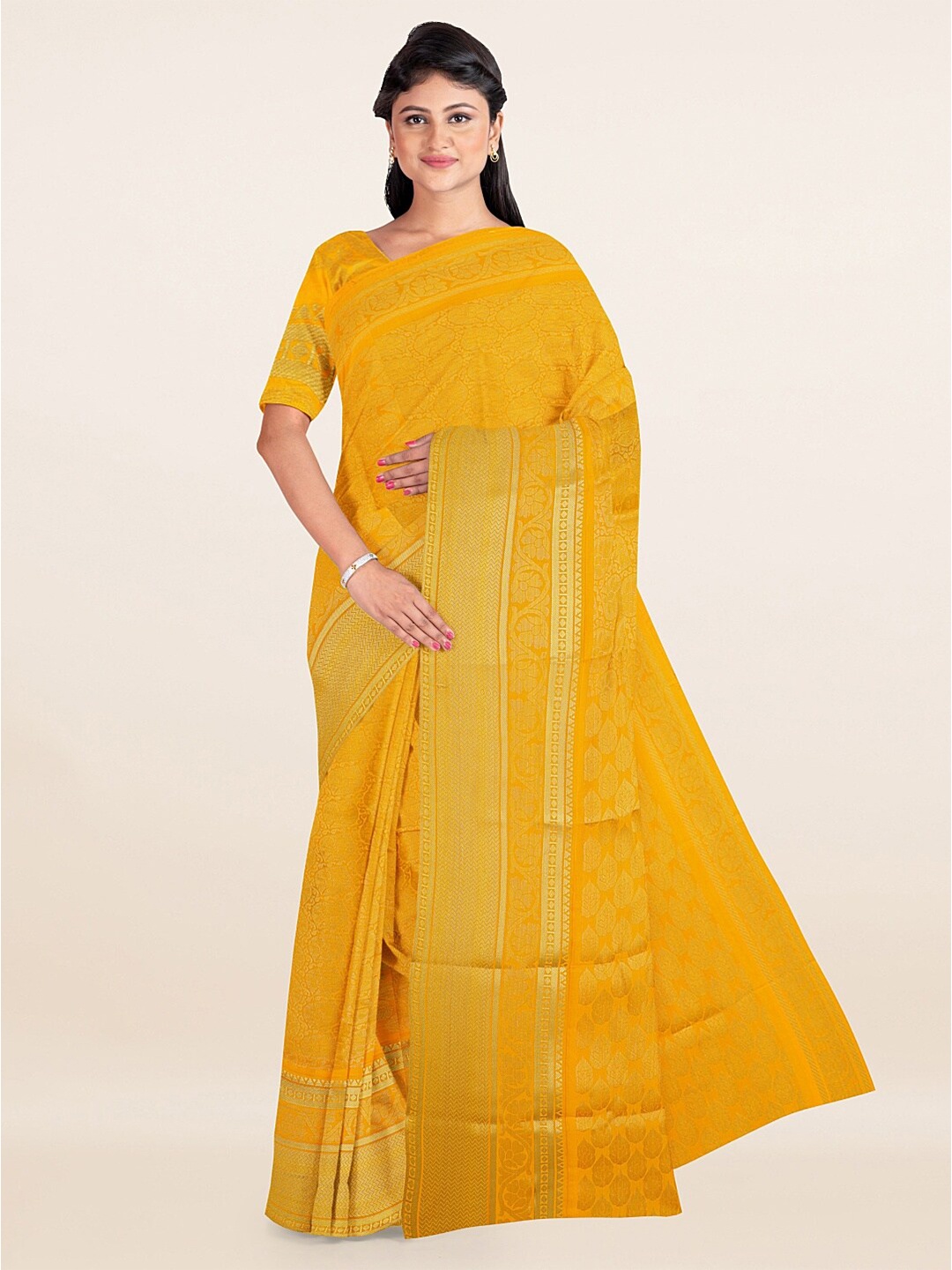 

Pothys Yellow Floral Zari Art Silk Saree