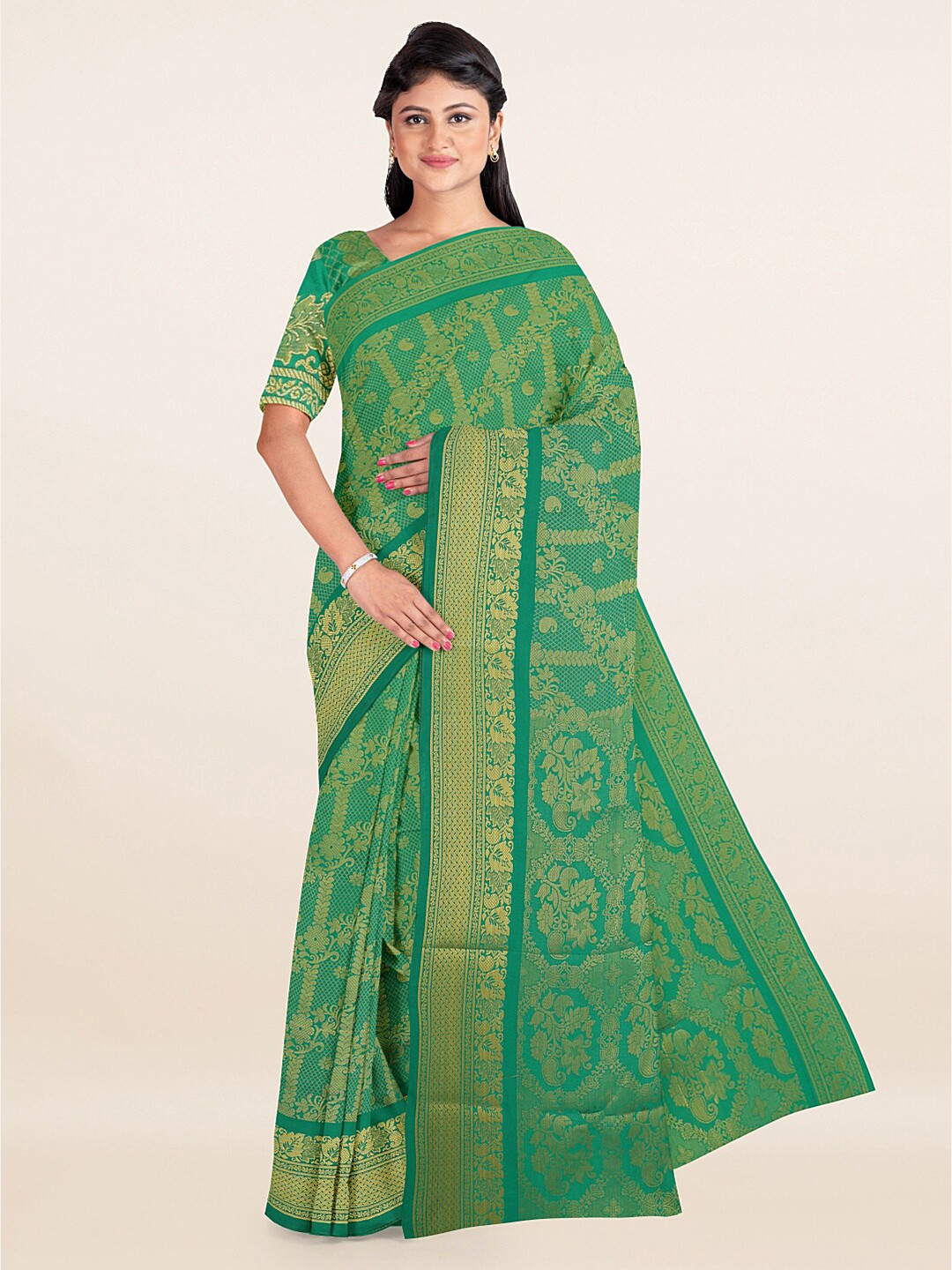

Pothys Green & Gold-Toned Floral Zari Art Silk Saree