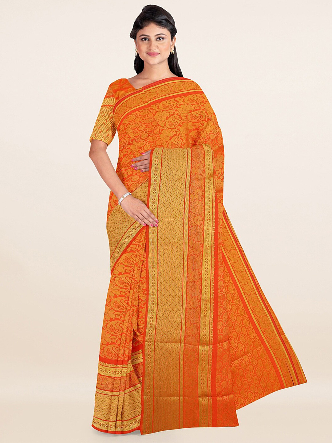 

Pothys Orange & Gold-Toned Ethnic Motifs Zari Art Silk Saree