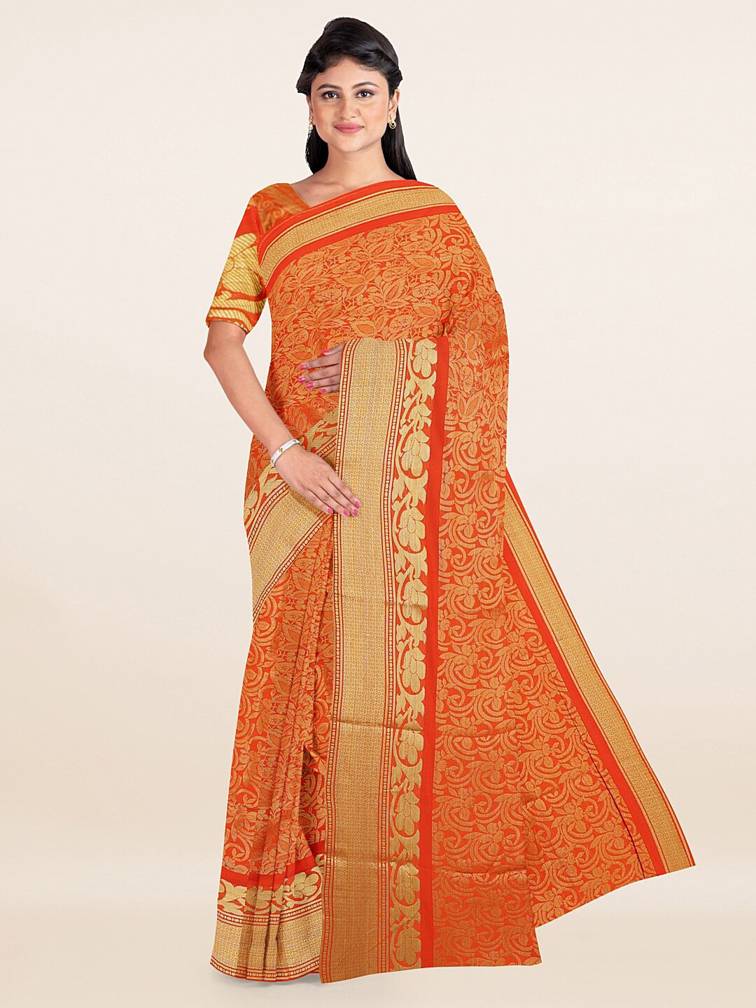 

Pothys Orange & Gold-Toned Woven Design Zari Art Silk Saree