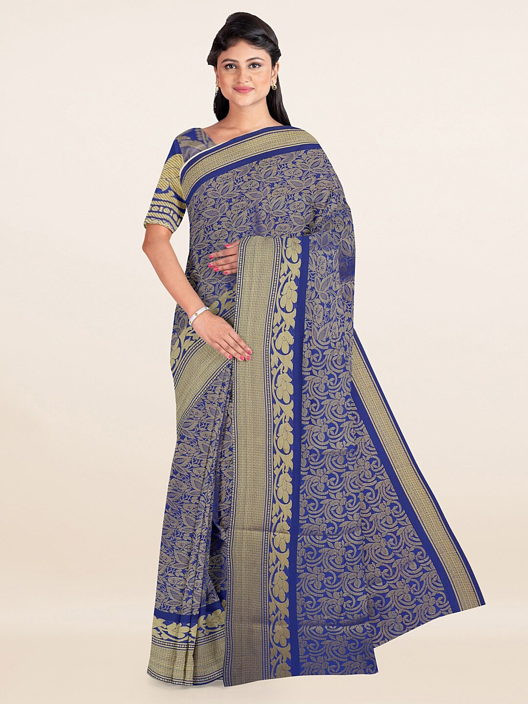 

Pothys Blue & Golden Floral Zari Art Silk Saree