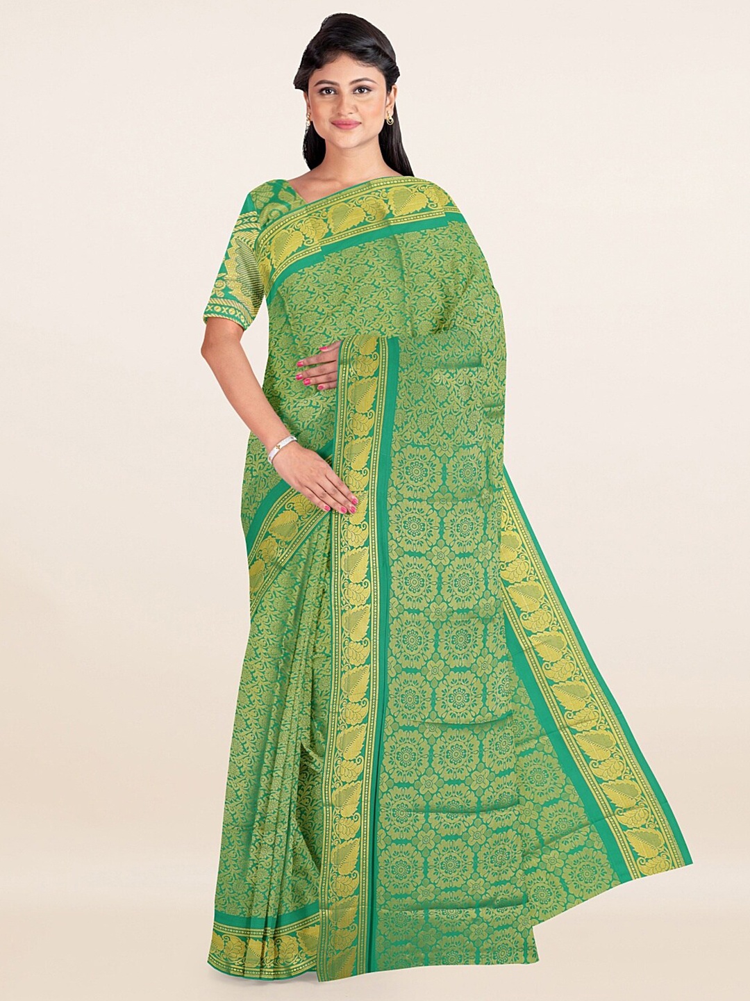 

Pothys Green & Gold-Toned Woven Design Art Silk Saree