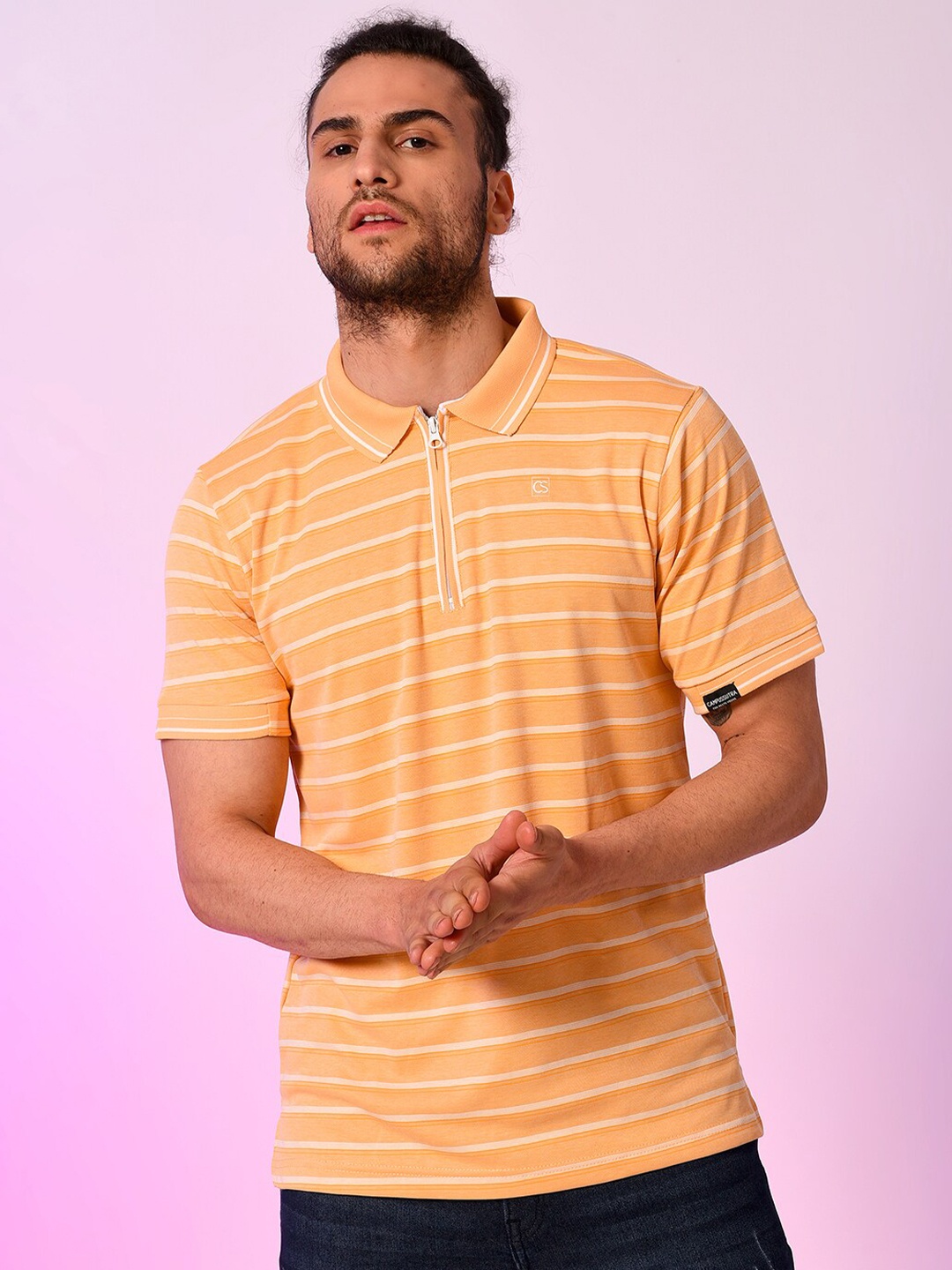 

Campus Sutra Men Yellow & White Striped Polo Collar Cotton T-shirt