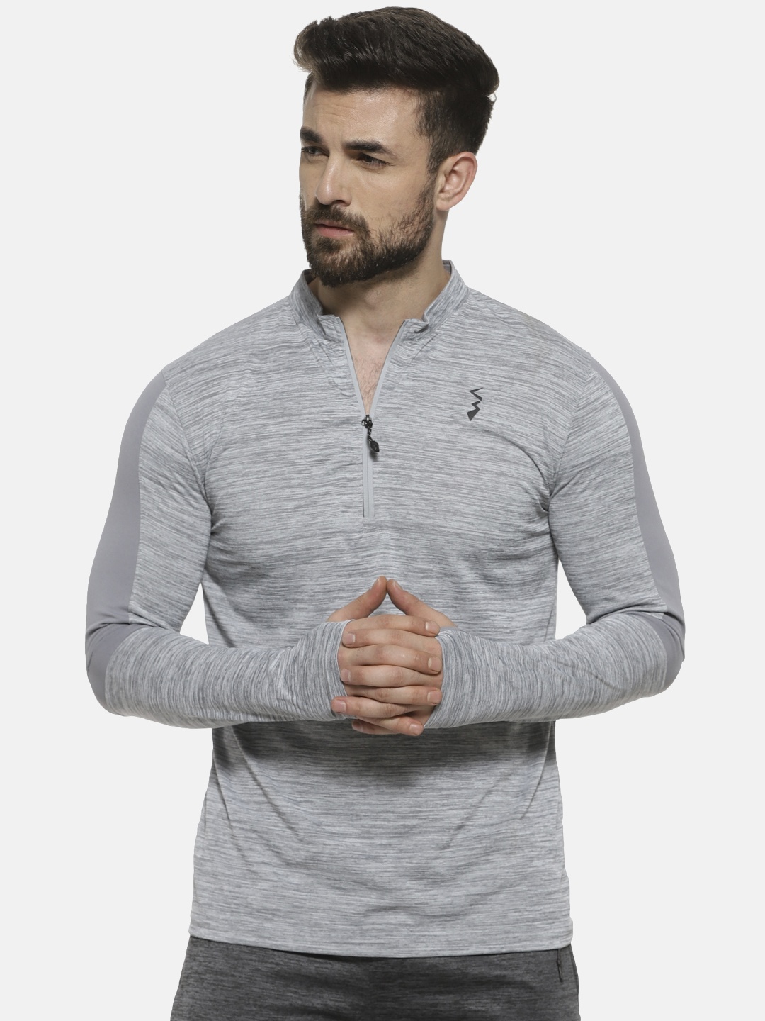 

Campus Sutra Men Grey Mandarin Collar Outdoor T-shirt