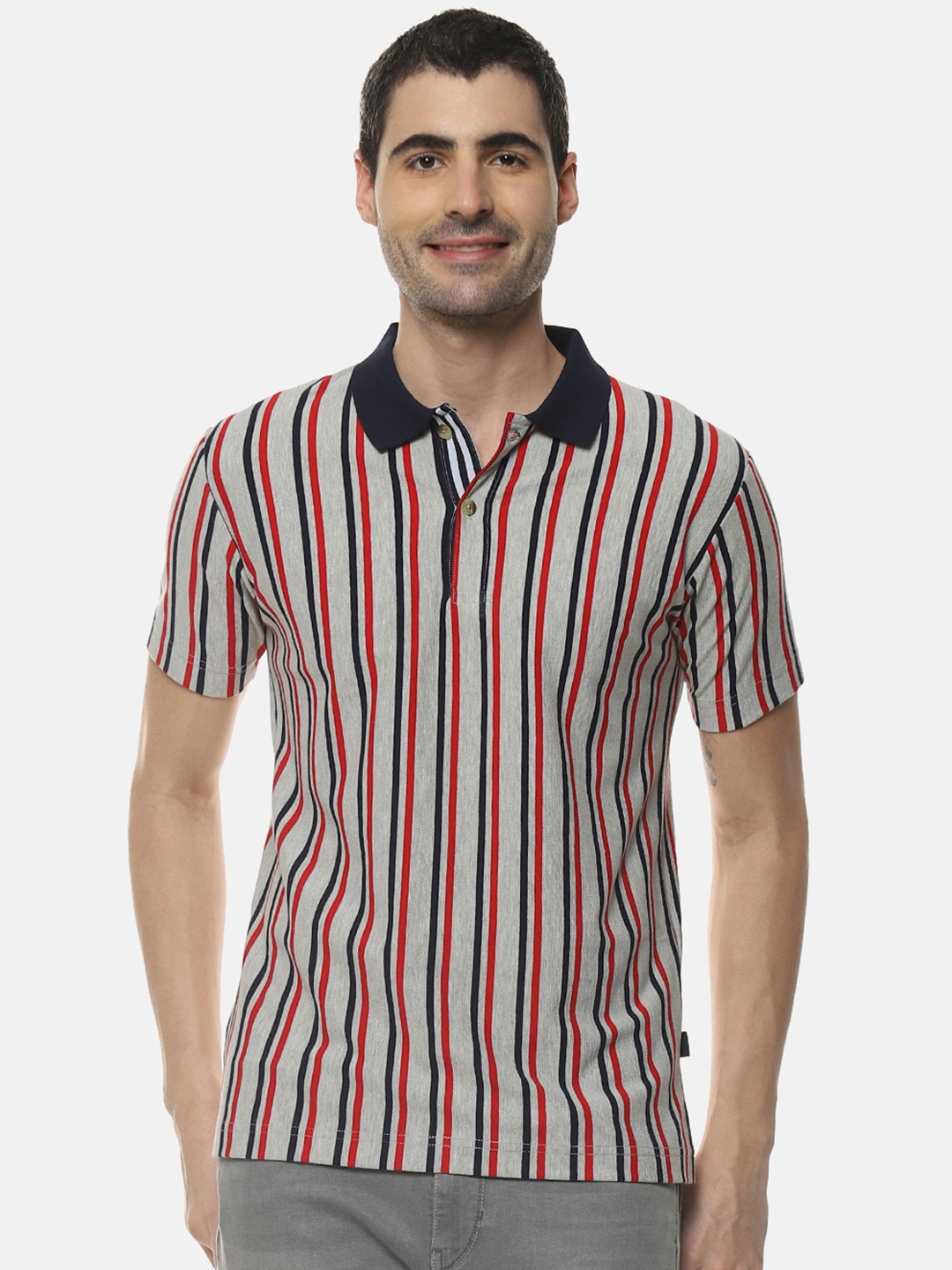 

Campus Sutra Men Grey & Red Striped Polo Collar Outdoor T-shirt