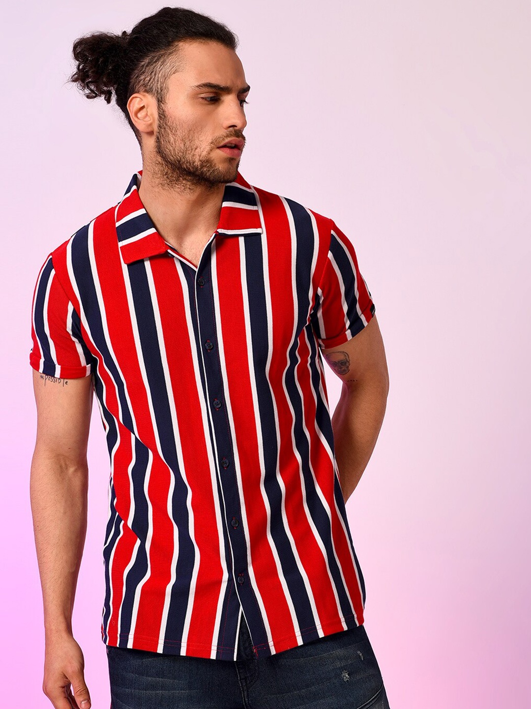 

Campus Sutra Men Red & Navy Blue Classic Striped Casual Shirt