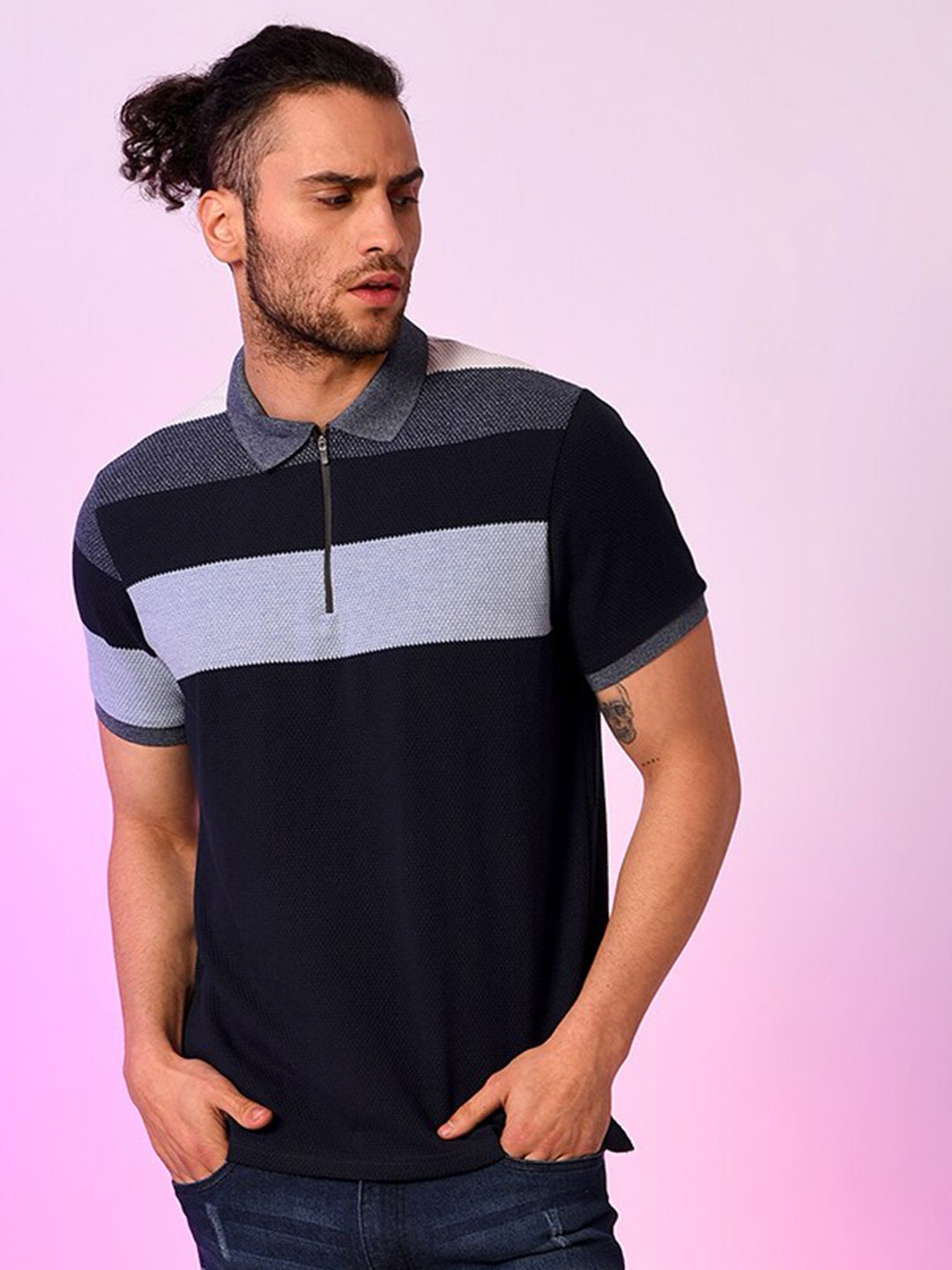 

Campus Sutra Men Navy Blue Colourblocked Polo Collar Cotton T-shirt