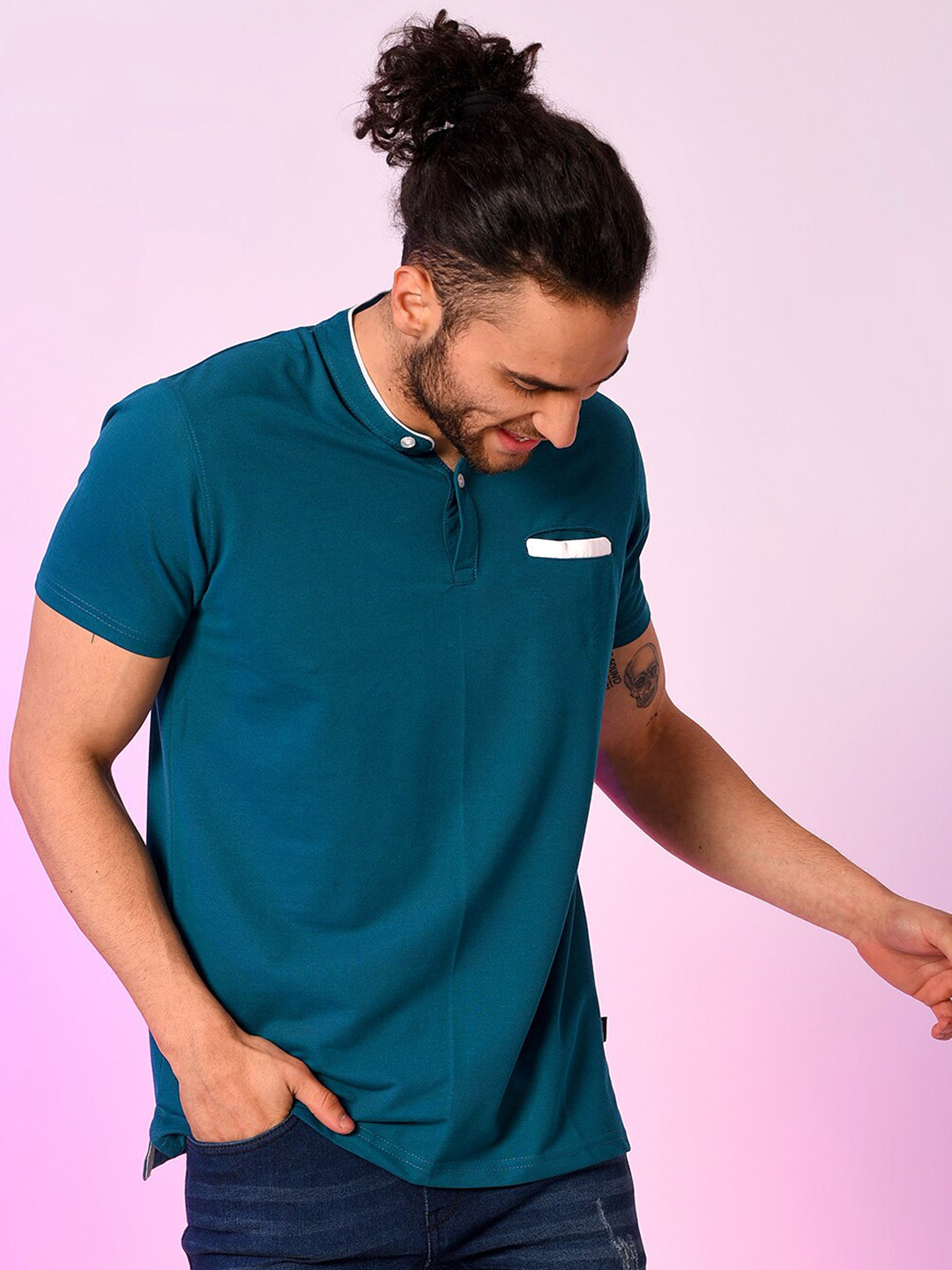 

Campus Sutra Men Teal Henley Neck Cotton T-shirt