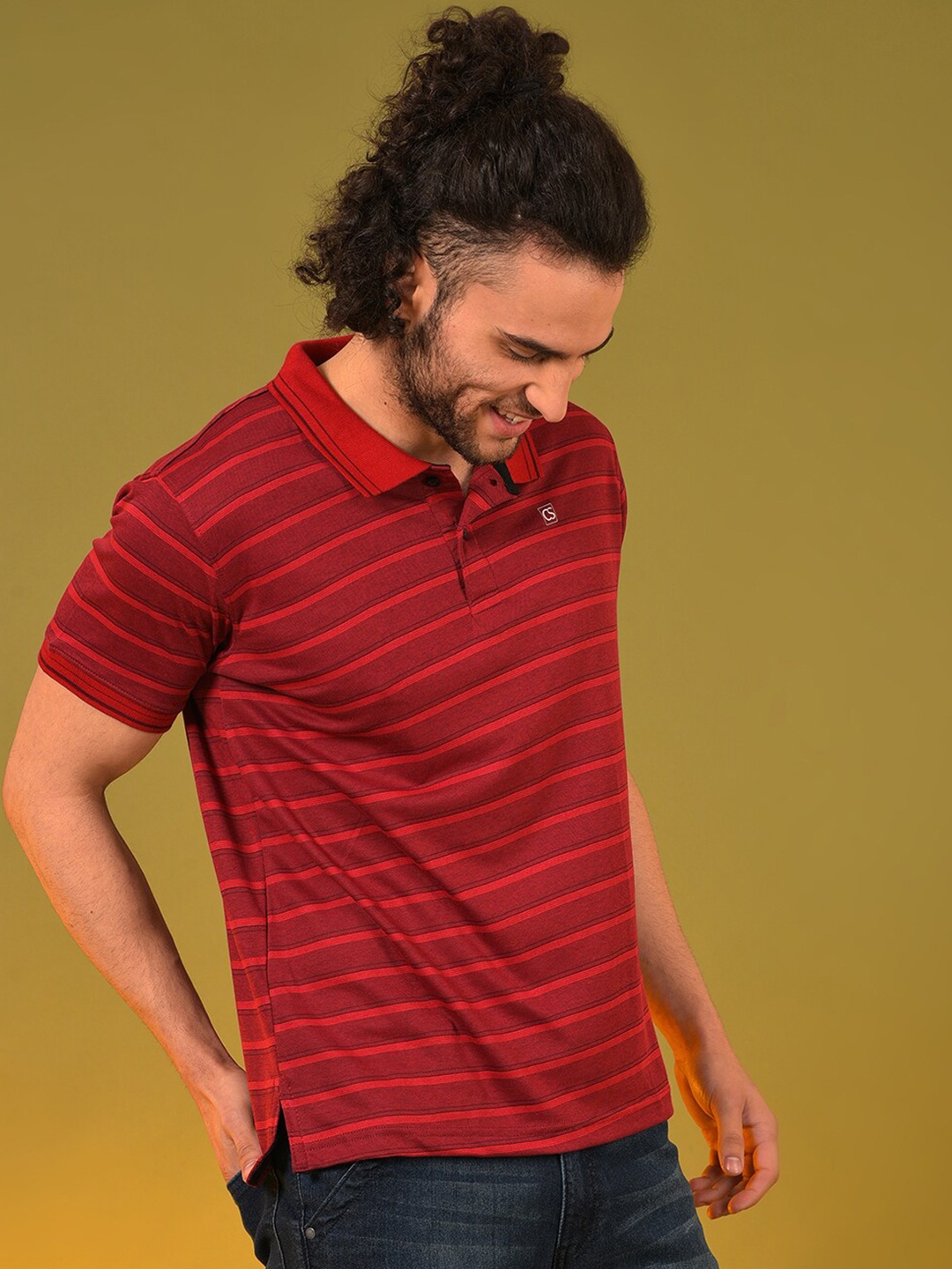 

Campus Sutra Men Red & Black Striped Polo Collar Cotton T-shirt