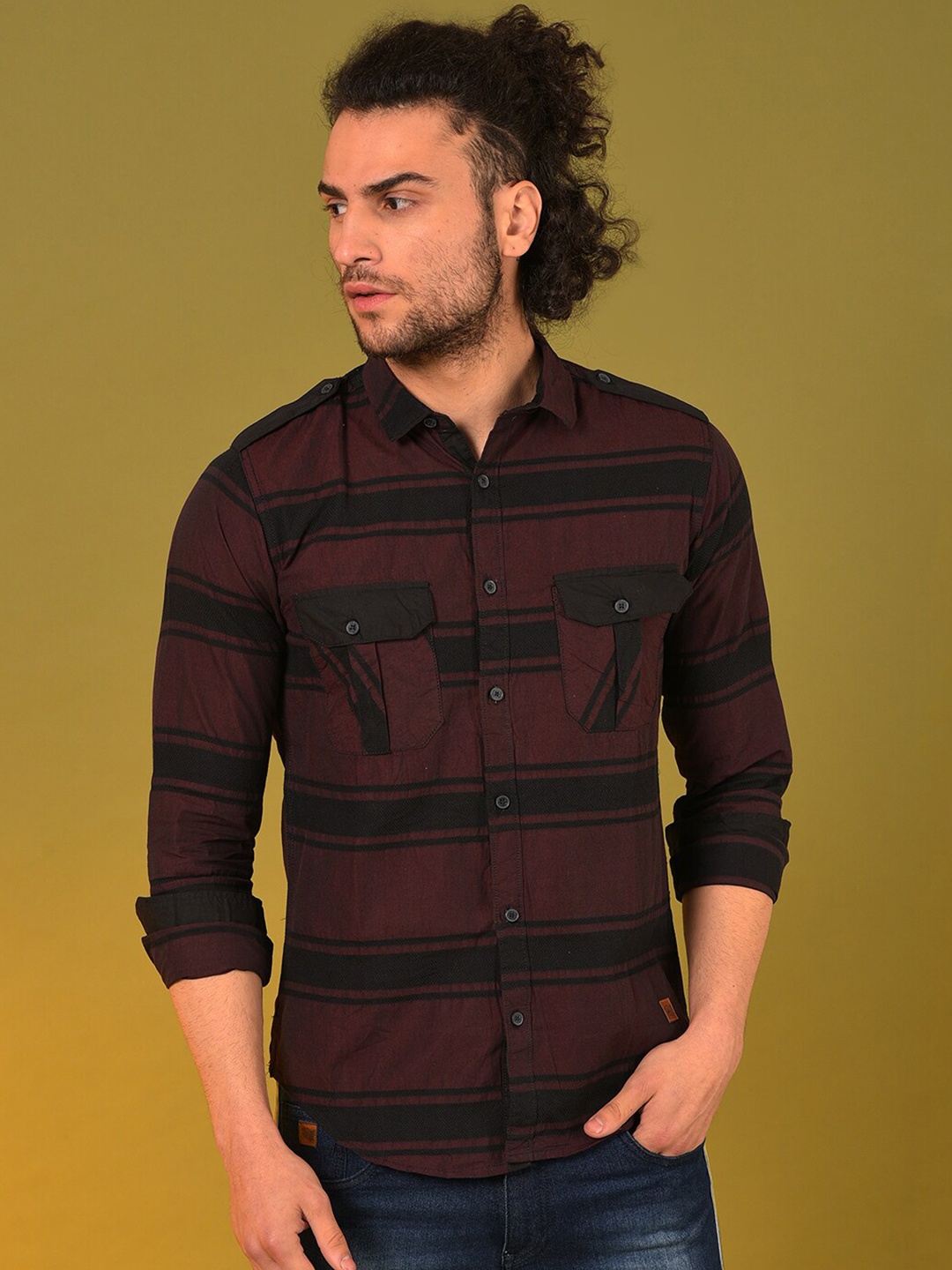

Campus Sutra Men Maroon Classic Horizontal Stripes Striped Cotton Casual Shirt