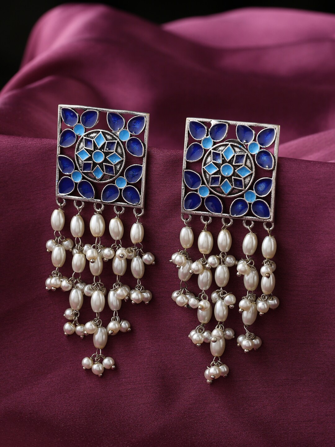 

kashwini Silver-Plated Blue & White Stone-Studded & Beaded Contemporary Drop Earrings