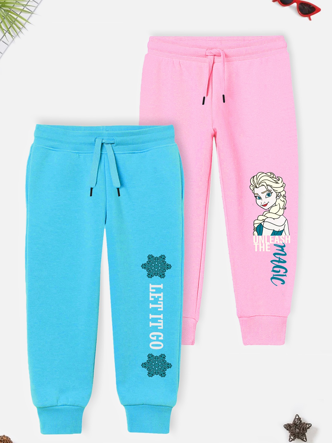 

YK Disney Girls Blue & Pink Pack Of 2 Printed Cotton Joggers