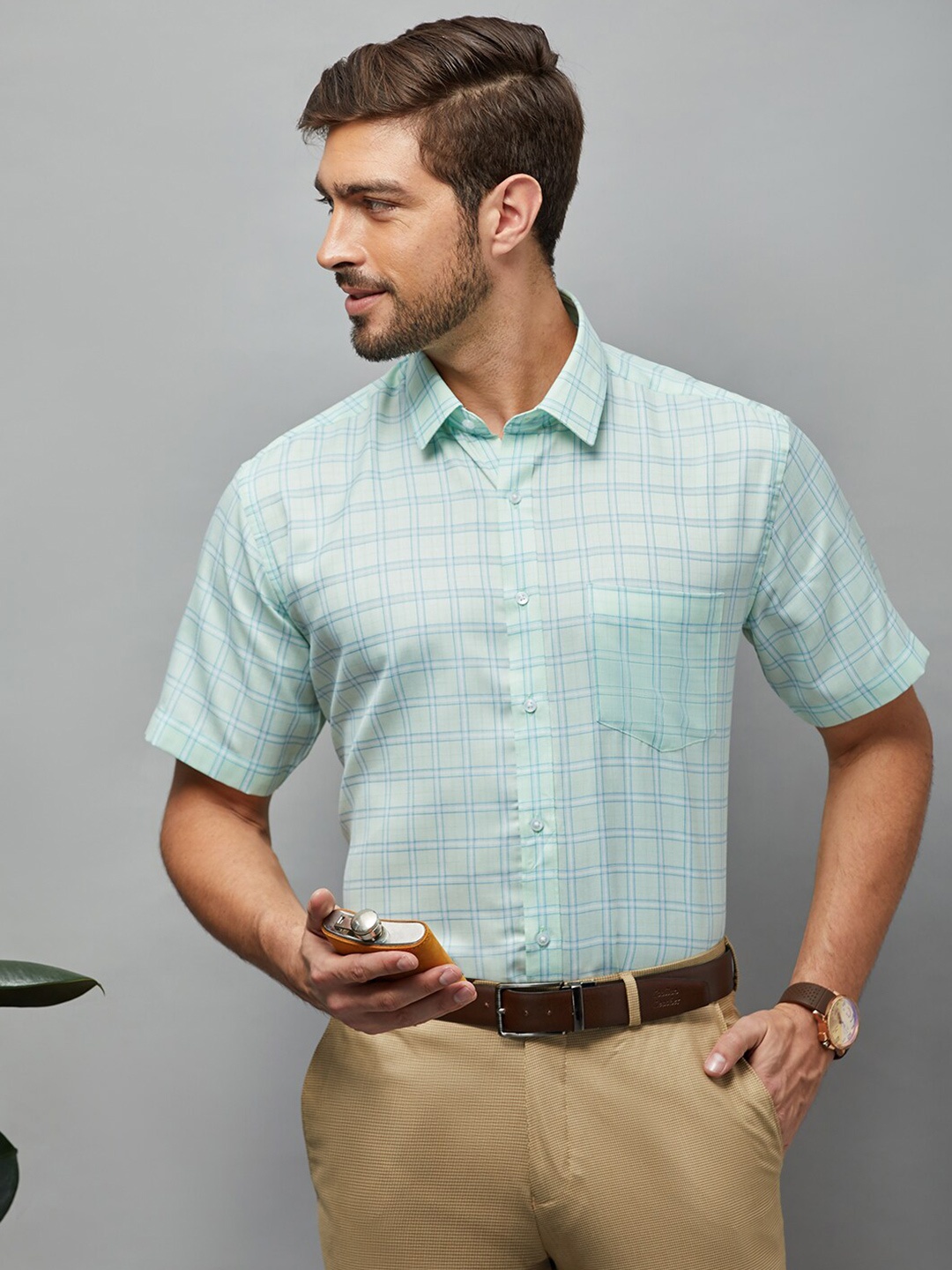 

Oxemberg Men Sea Green Classic Slim Fit Checked Formal Shirt