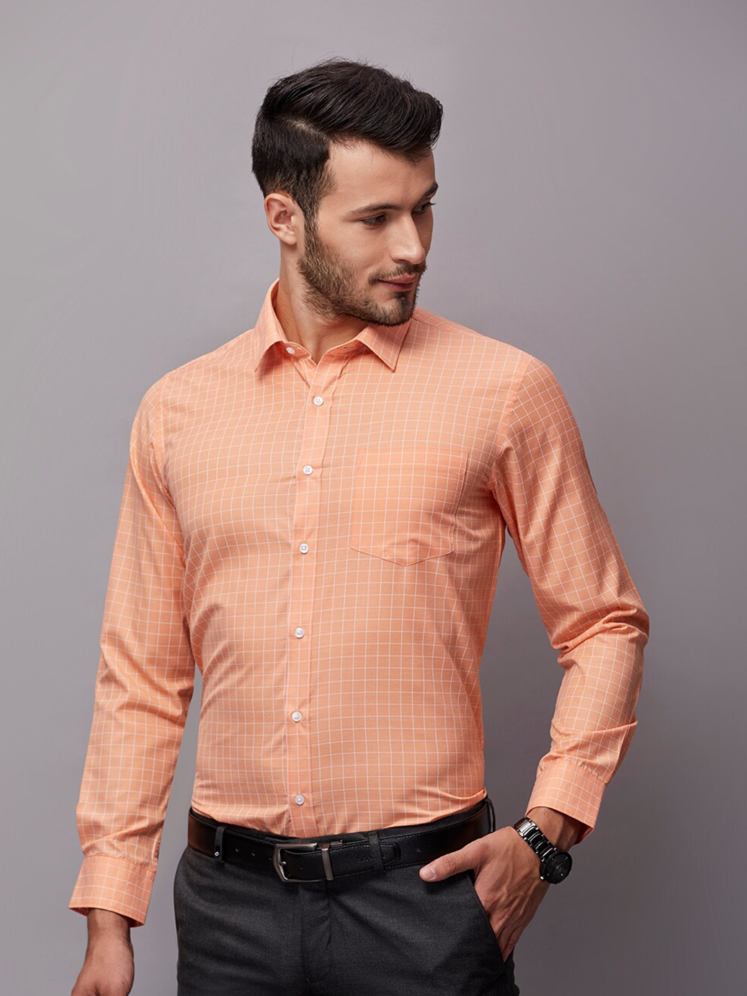 

Oxemberg Men Orange Classic Slim Fit Micro Checks Checked Formal Shirt