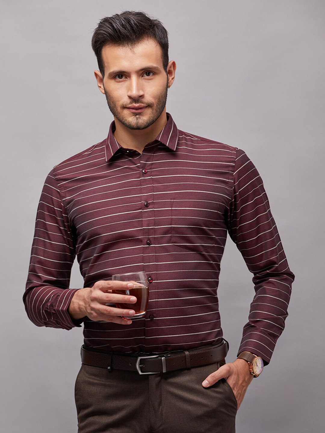 

Oxemberg Men Burgundy Horizontal Stripes Striped Classic Slim Fit Formal Cotton Shirt