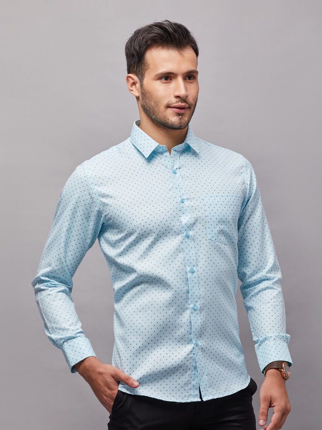 

Oxemberg Men Blue Classic Slim Fit Printed Formal Shirt