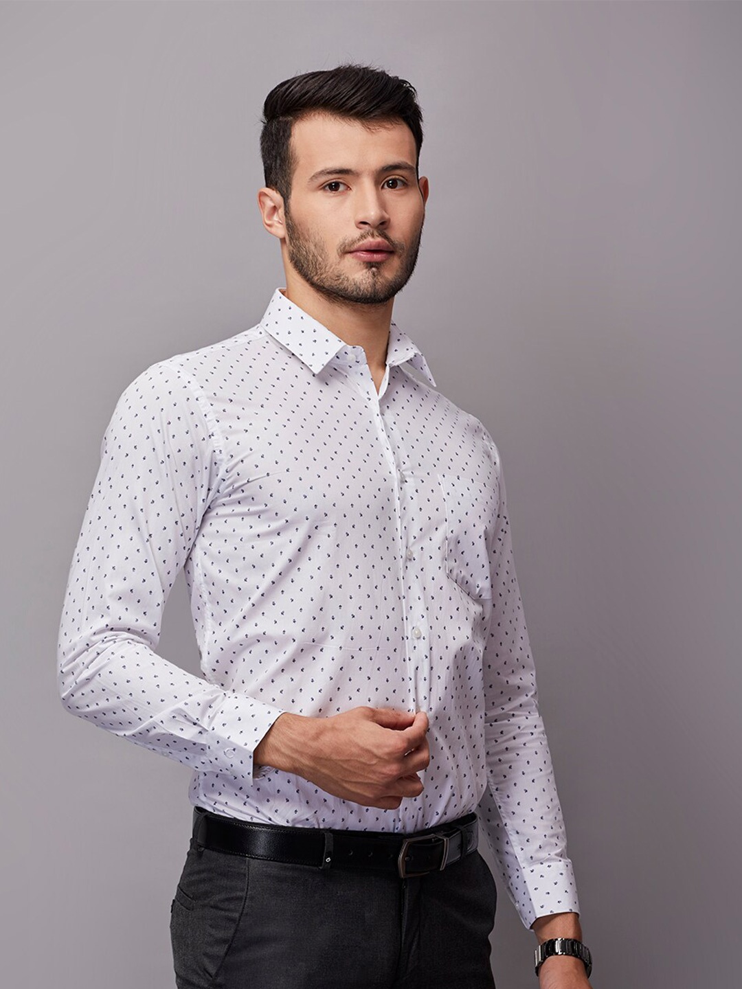 

Oxemberg Men White Classic Slim Fit Printed Cotton Formal Shirt