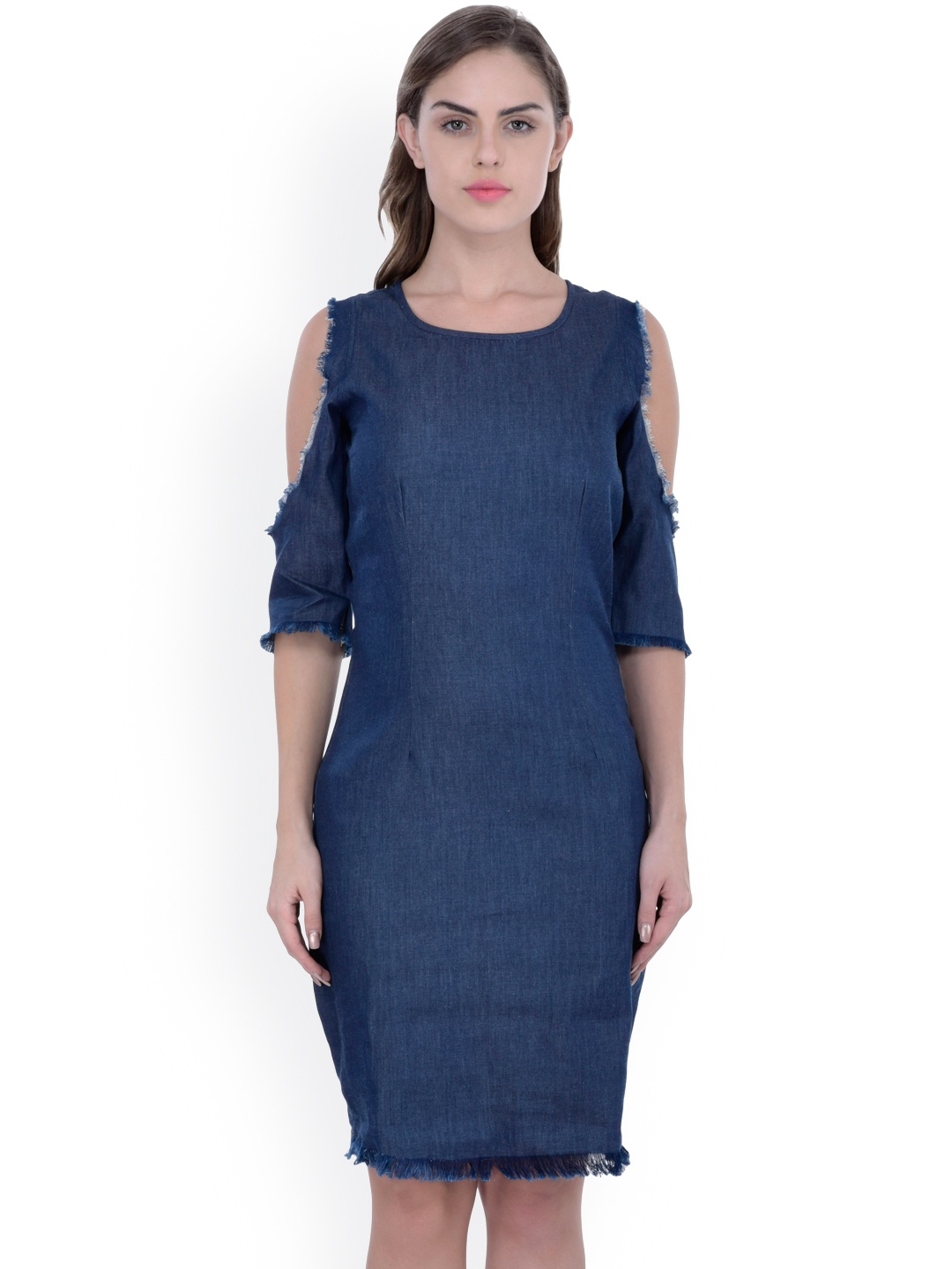 

Athena Women Blue Solid Denim Cold Shoulder Sheath Dress