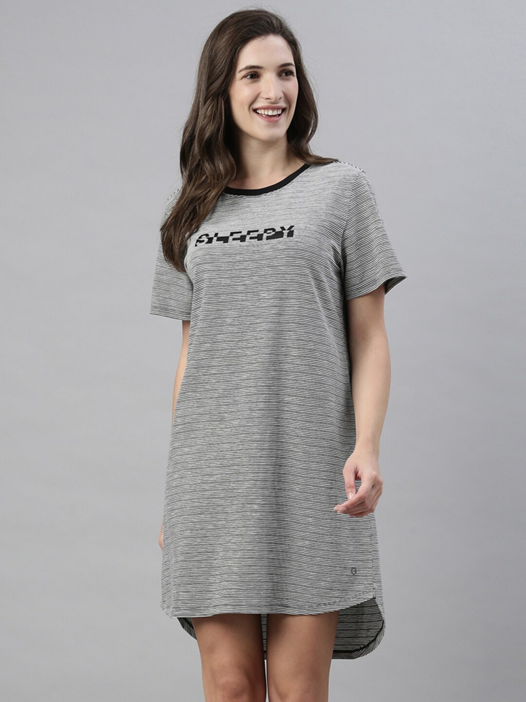 

Enamor Grey & Black Striped Pure Cotton T-shirt Nightdress