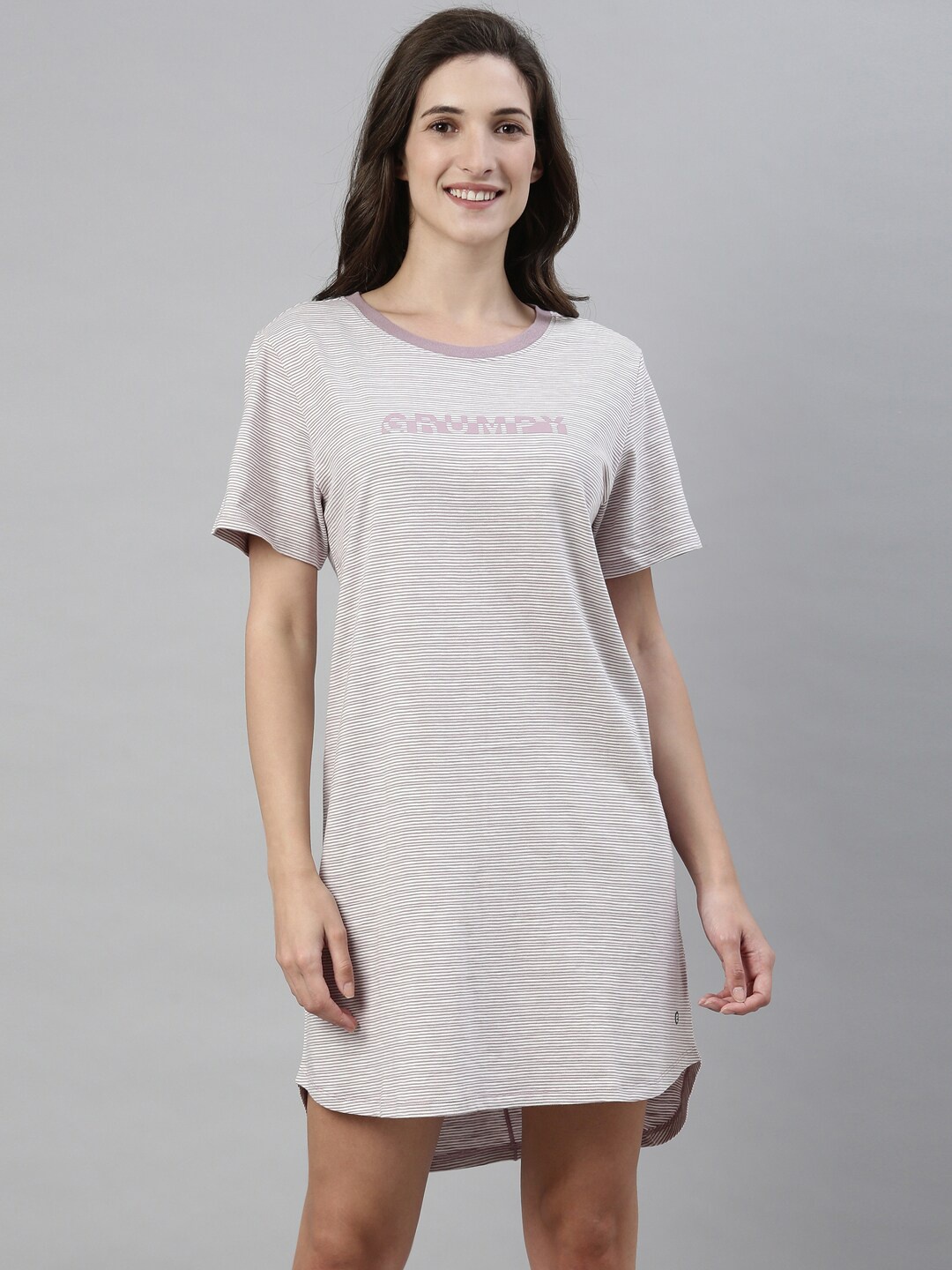 

Enamor Mauve & Off-White Striped Pure Cotton T-shirt Nightdress