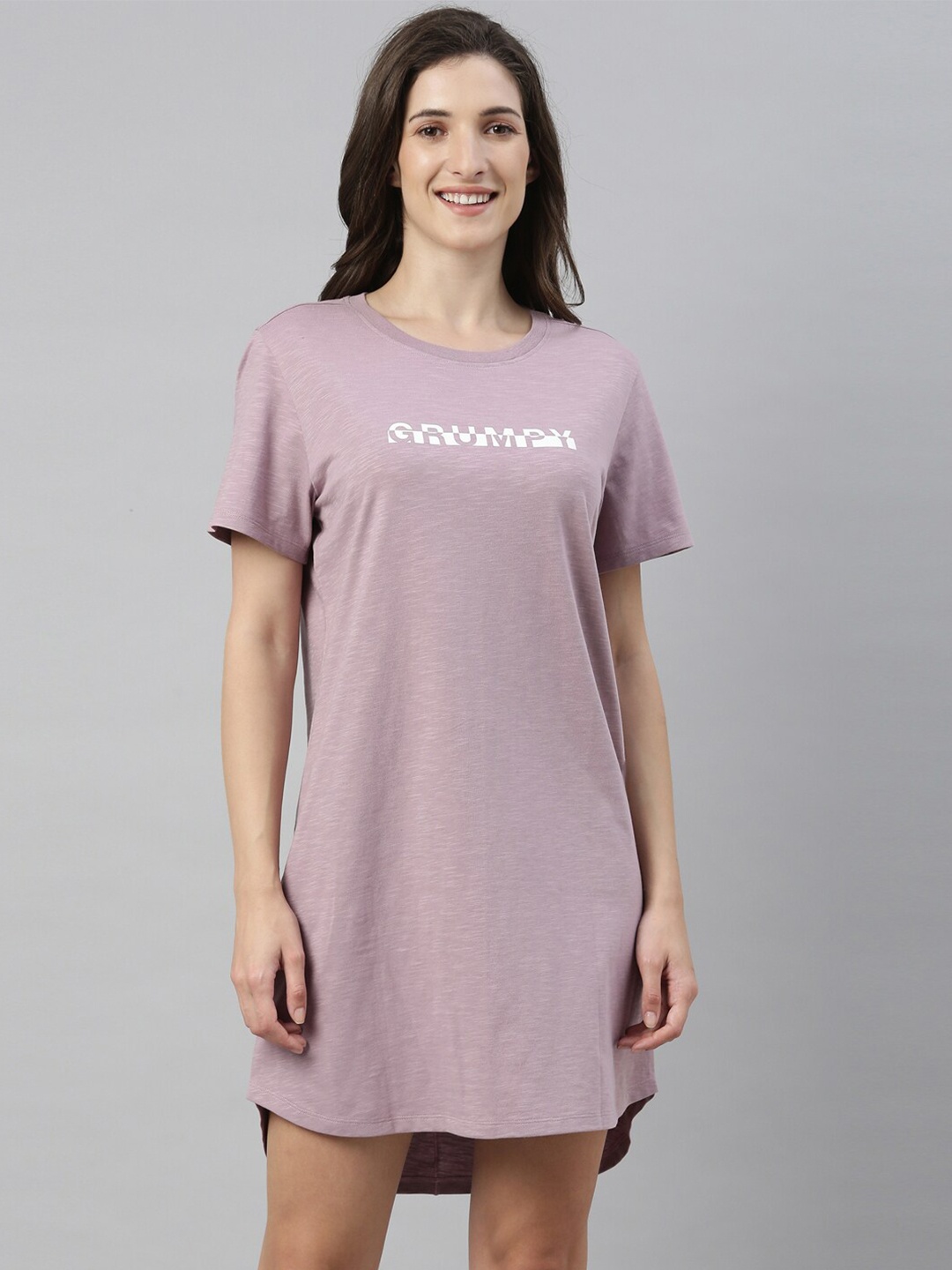 

Enamor Women Pink & White Printed Pure Cotton T-shirt Nightdress