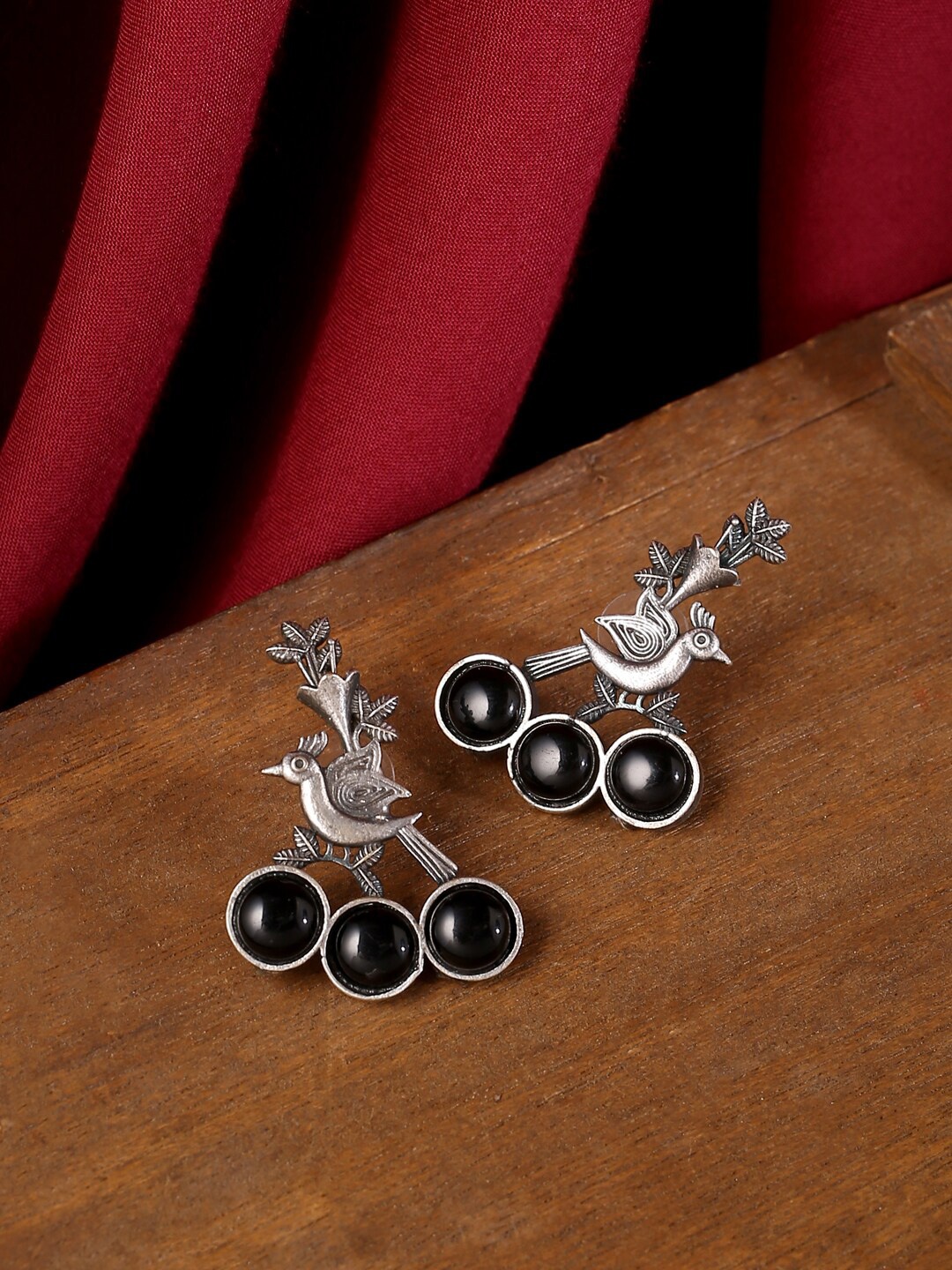 

VIRAASI Silver-Toned & Black Bird Design Drop Earrings