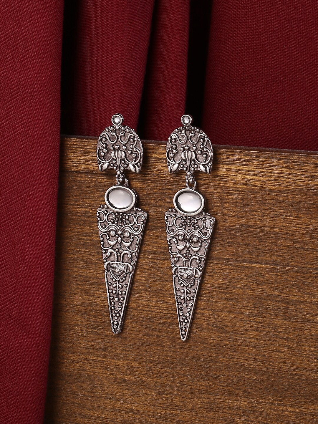 

VIRAASI Silver-Toned Dangler Stone Studded Contemporary Drop Earrings