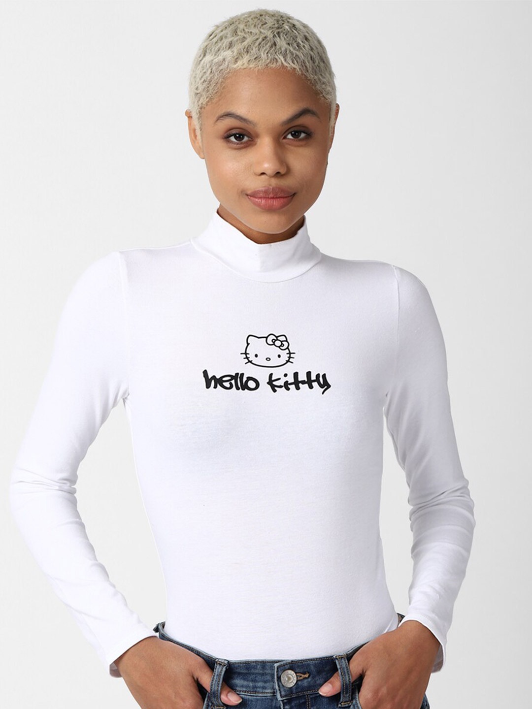 

FOREVER 21 White Typography Printed High Neck Top